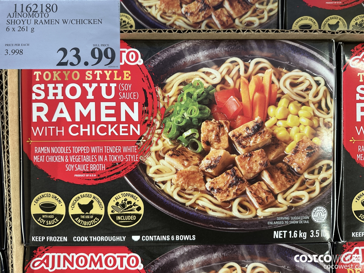 1162180 AJINOMOTO SHOYU RAMEN W/CHICKEN 6 x 261 g $23.99