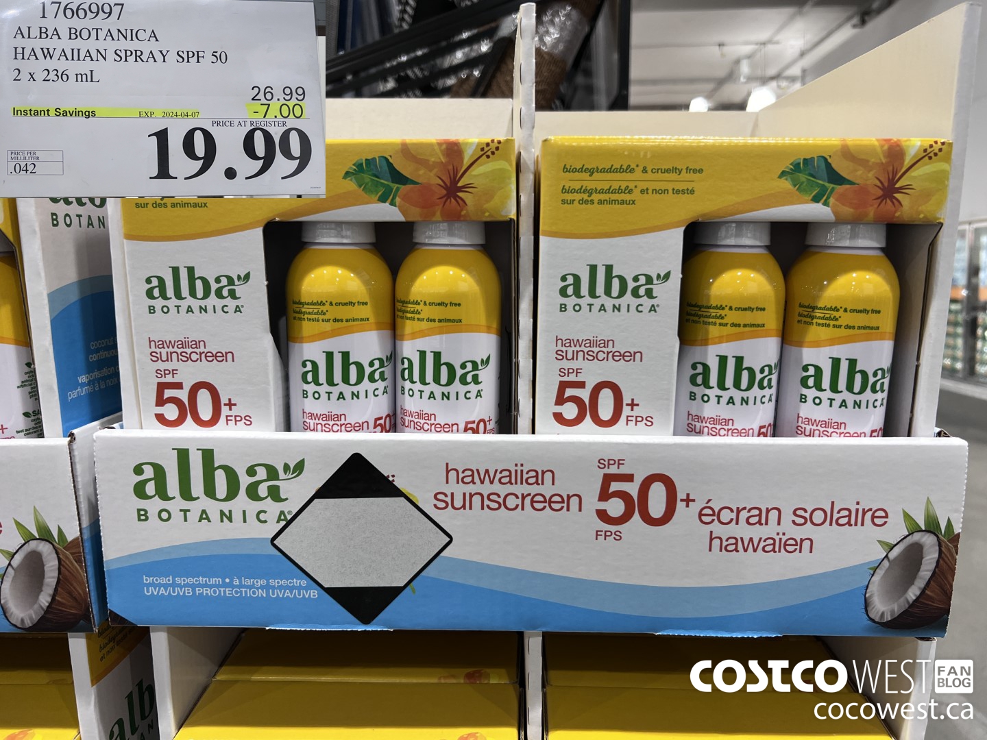 1766997 ALBA BOTANICA HAWAIIAN SPRAY SPF 50 2 X 236 ML ($7.00 INSTANT SAVINGS EXPIRES ON 2024-04-07) $19.99