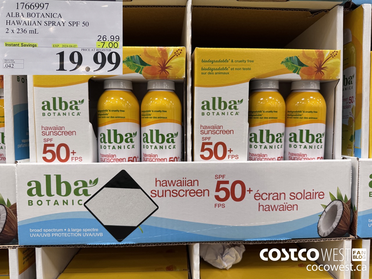 1766997 ALBA BOTANICA HAWAIIAN SPRAY SPF 50 2 X 236 ML ($7.00 INSTANT SAVINGS EXPIRES ON 2024-04-07) $19.99