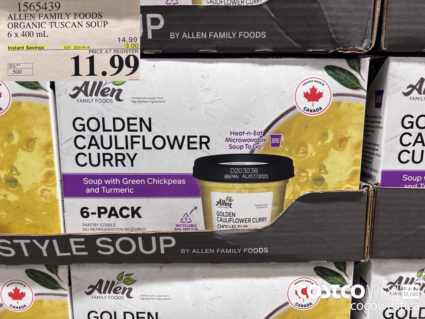 1565439 ALLEN FAMILY FOODS ORGANIC TUSCAN SOUP 6 x 400 mL ($3.00 INSTANT SAVINGS EXPIRES ON 2024-04-14) $11.99