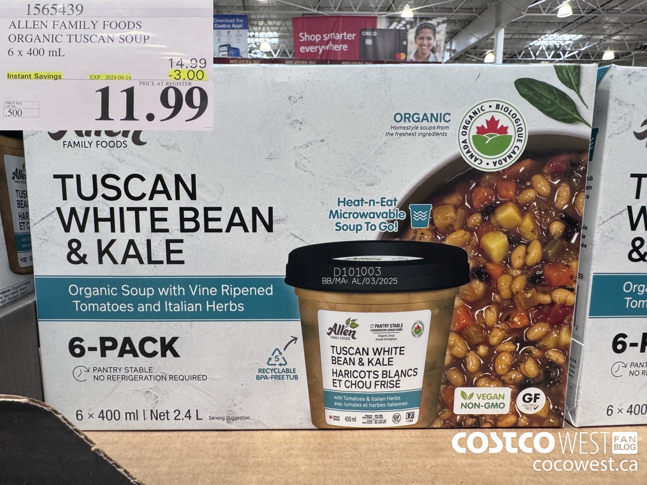 1565439 ALLEN FAMILY FOODS ORGANIC TUSCAN SOUP 6 x 400 mL ($3.00 INSTANT SAVINGS EXPIRES ON 2024-04-14) $11.99