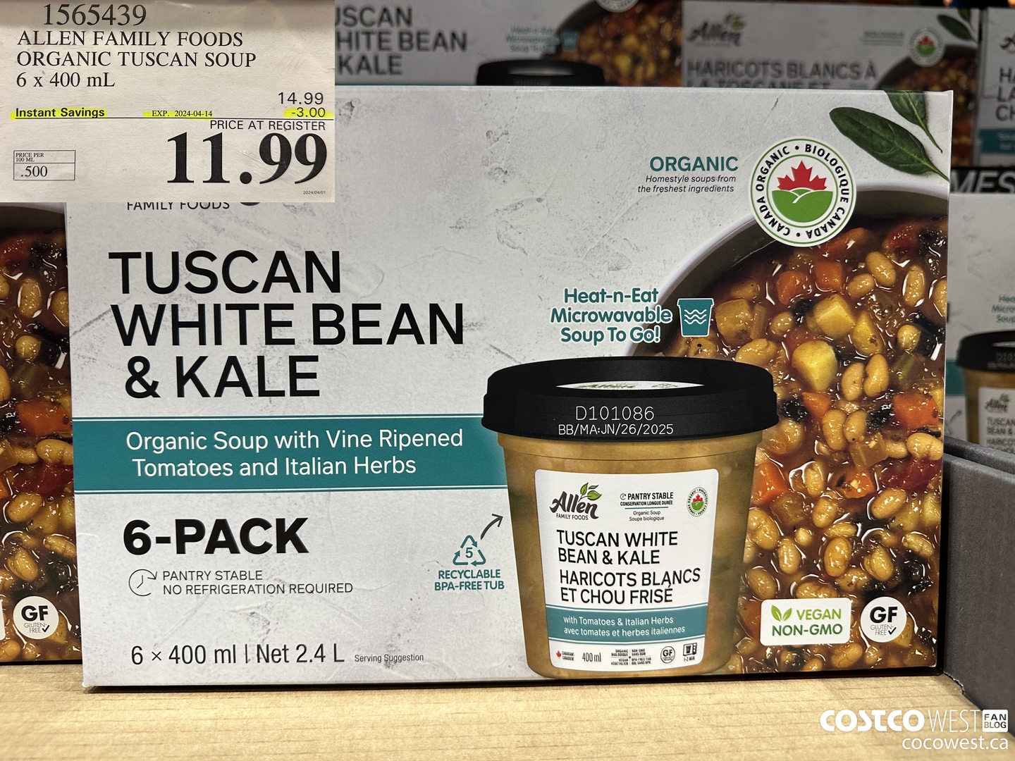 1565439 ALLEN FAMILY FOODS ORGANIC TUSCAN SOUP 6 x 400 mL ($3.00 INSTANT SAVINGS EXPIRES ON 2024-04-14) $11.99