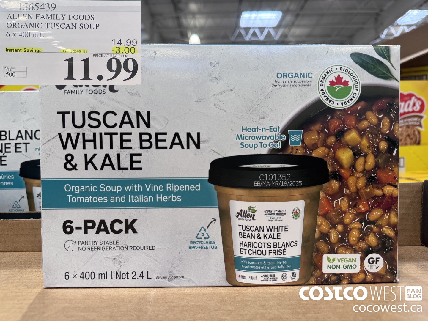 1565439 ALLEN FAMILY FOODS ORGANIC TUSCAN SOUP 6 x 400 mL ($3.00 INSTANT SAVINGS EXPIRES ON 2024-04-14) $11.99