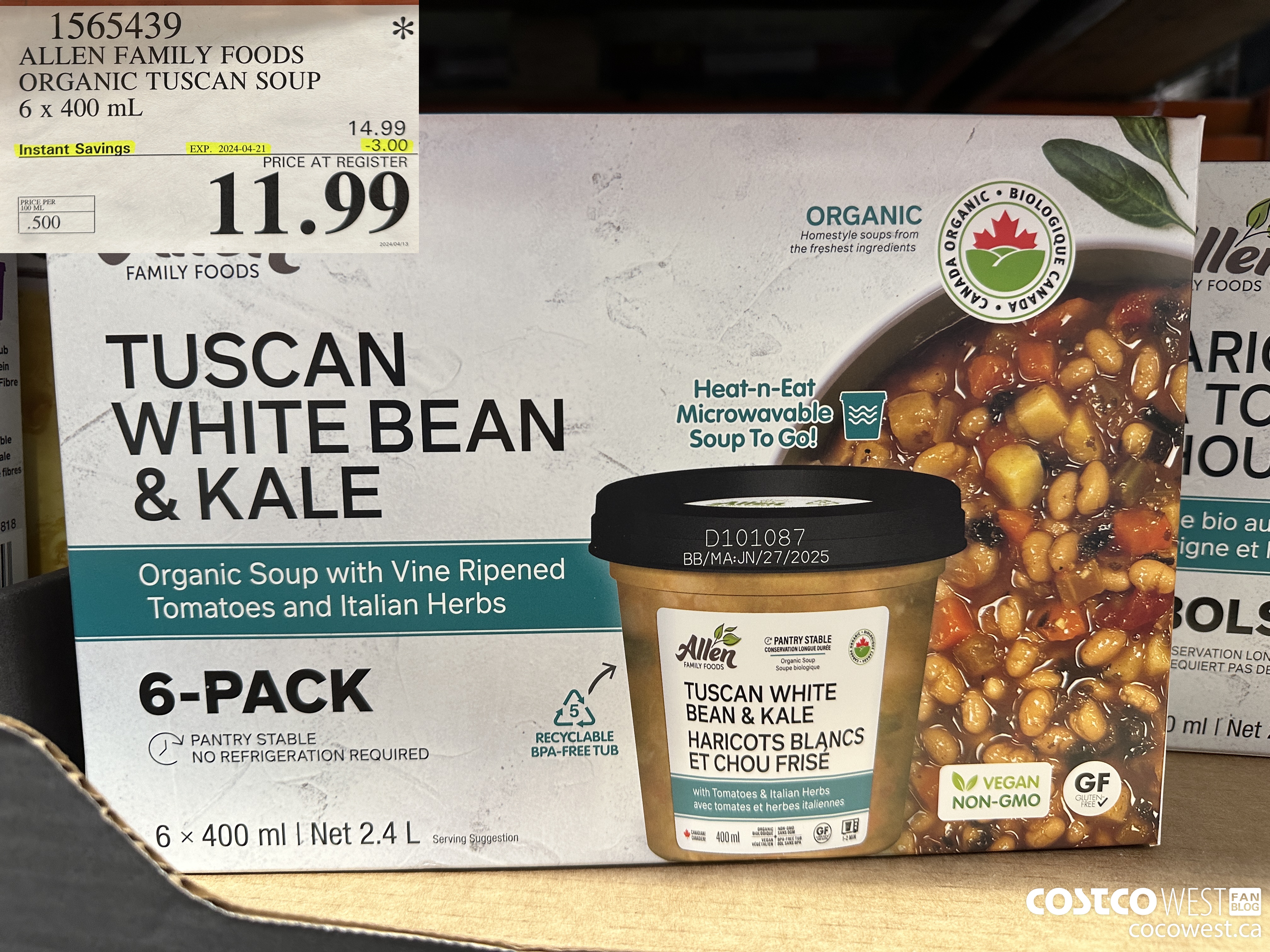 1565439 ALLEN FAMILY FOODS ORGANIC TUSCAN SOUP 6 x 400 mL ($3.00 INSTANT SAVINGS EXPIRES ON 2024-04-21) $11.99