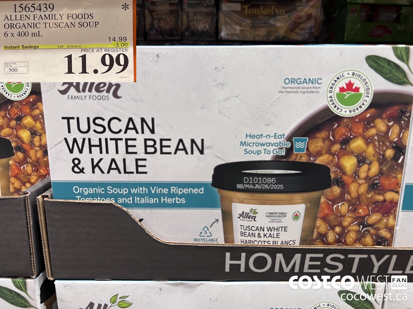 1565439 ALLEN FAMILY FOODS ORGANIC TUSCAN SOUP 6 x 400 mL ($3.00 INSTANT SAVINGS EXPIRES ON 2024-04-21) $11.99