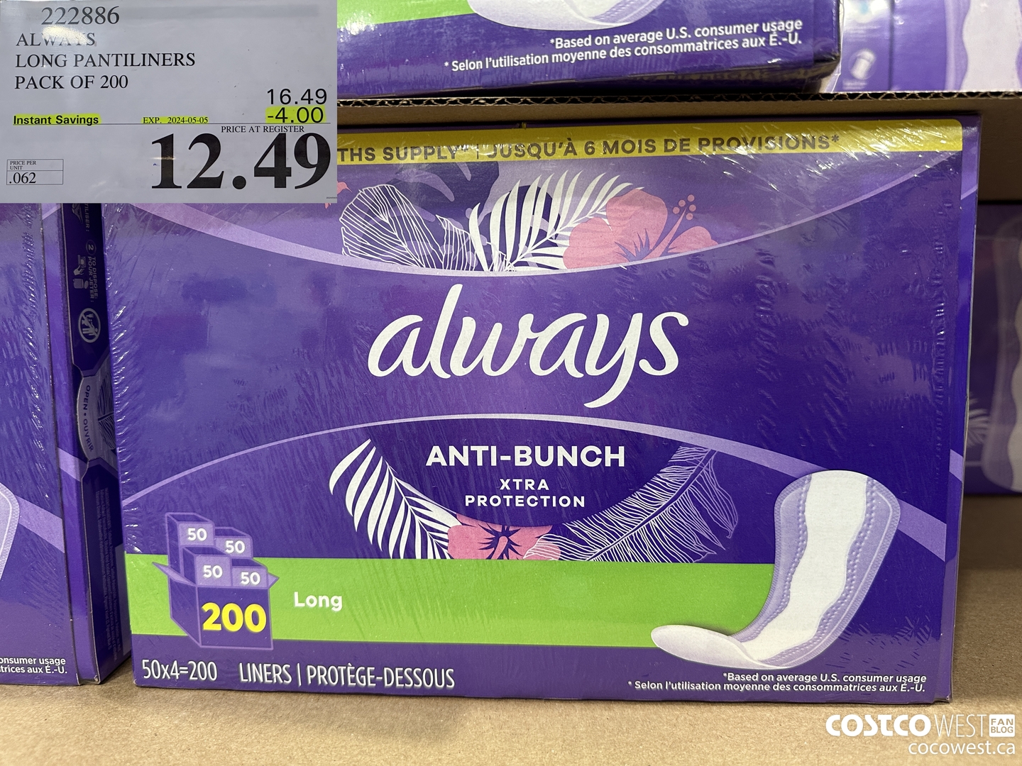 222886 ALWAYS DRI-LINERS LONG PANTILINERS PACK OF 200 ($4.00 INSTANT SAVINGS EXPIRES ON 2024-05-05) $12.49