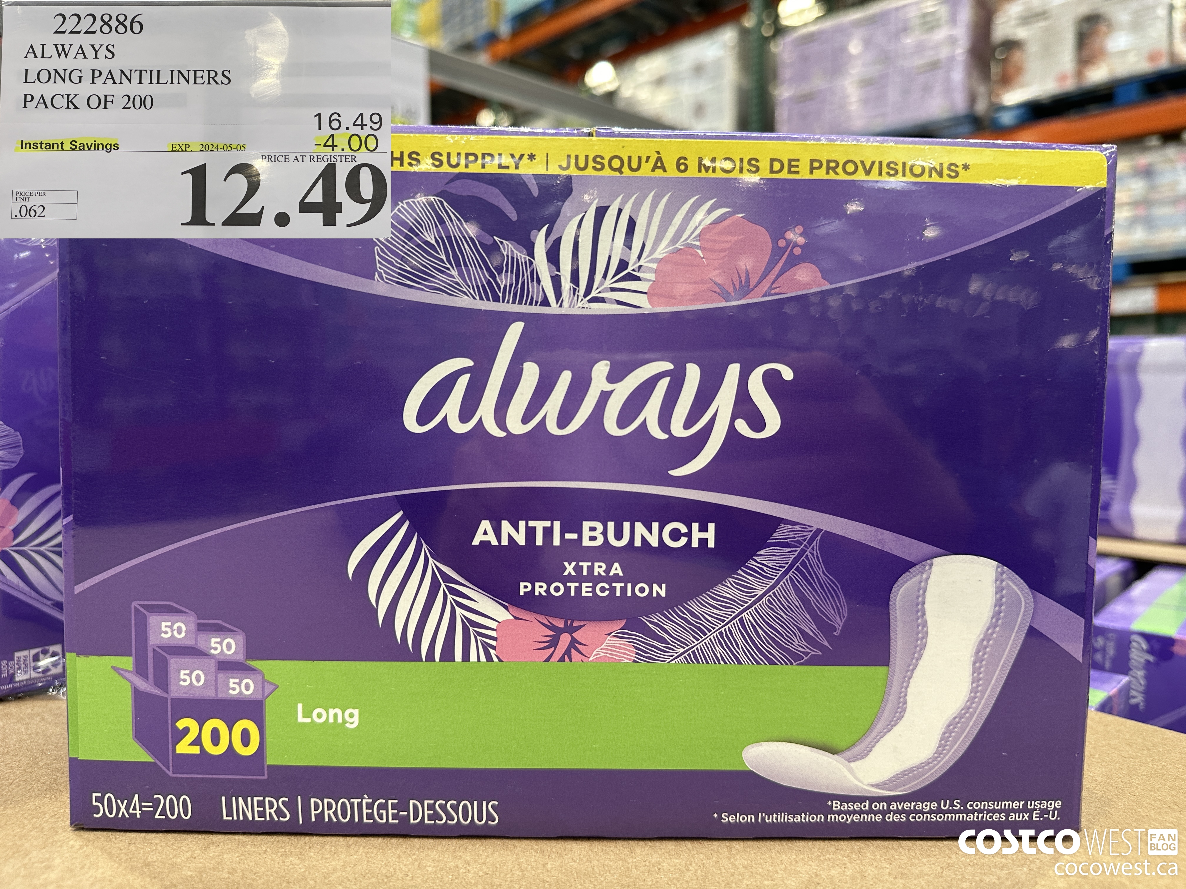 222886 ALWAYS DRI-LINERS LONG PANTILINERS PACK OF 200 ($4.00 INSTANT SAVINGS EXPIRES ON 2024-05-05) $12.49