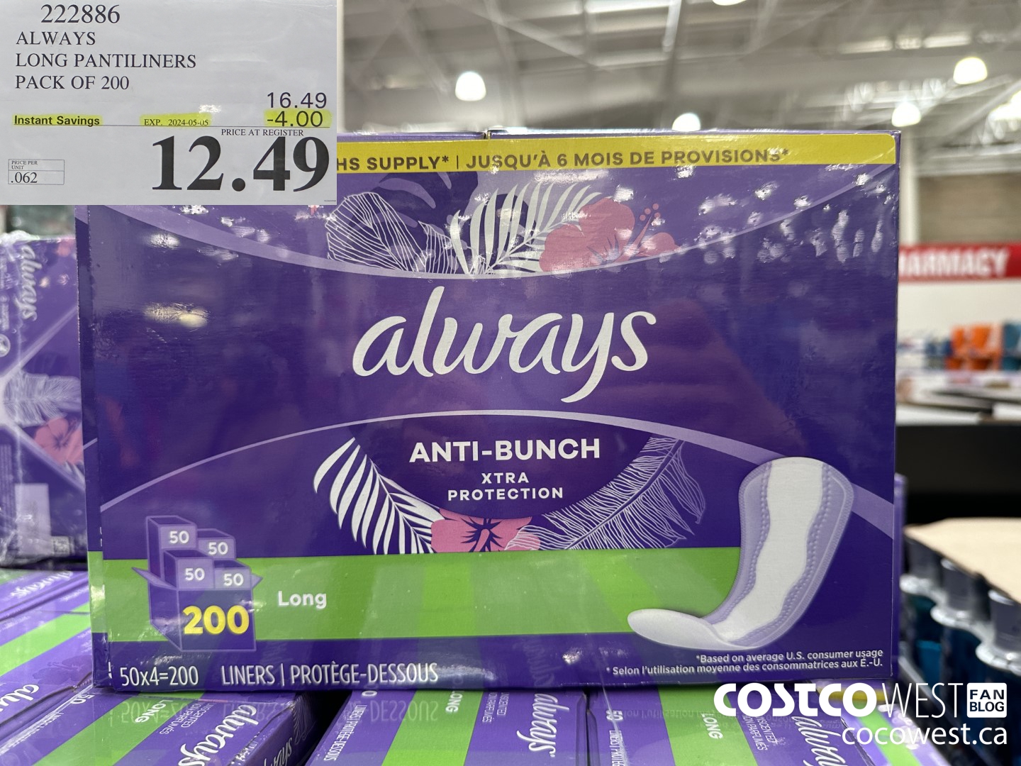 222886 ALWAYS DRI-LINERS LONG PANTILINERS PACK OF 200 ($4.00 INSTANT SAVINGS EXPIRES ON 2024-05-05) $12.49