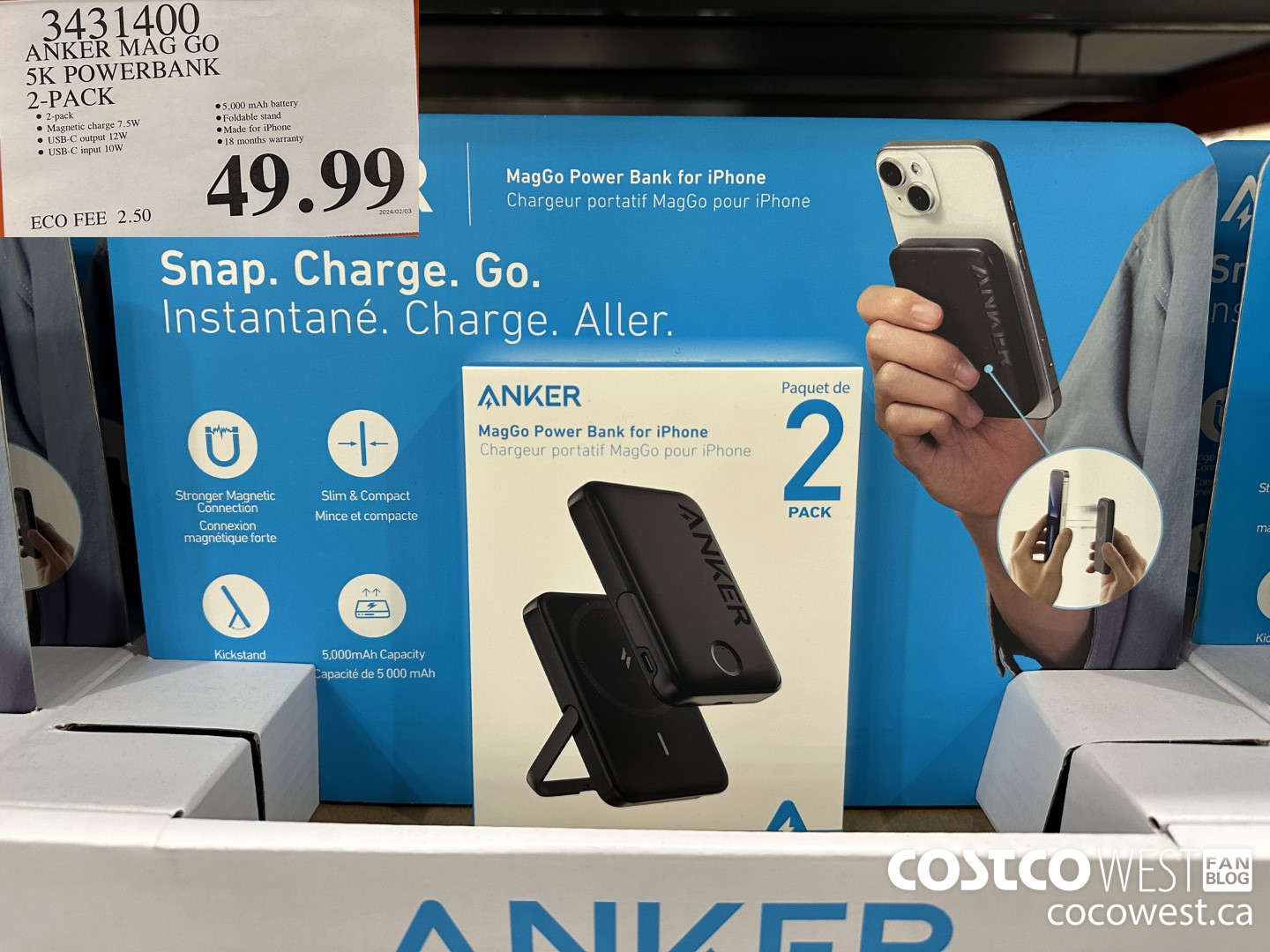 3431400 ANKER MAG GO 5K POWERBANK 2-PACK $49.99