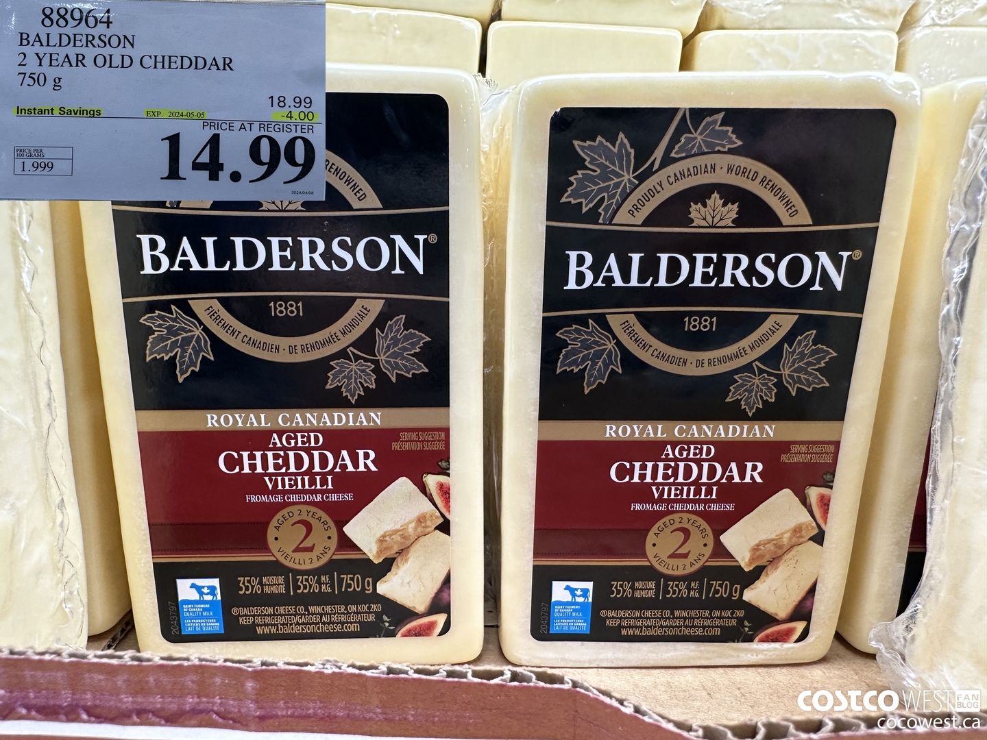 88964 BALDERSON 2 YEAR OLD CHEDDAR 750 g ($4.00 INSTANT SAVINGS EXPIRES ON 2024-05-05) $14.99