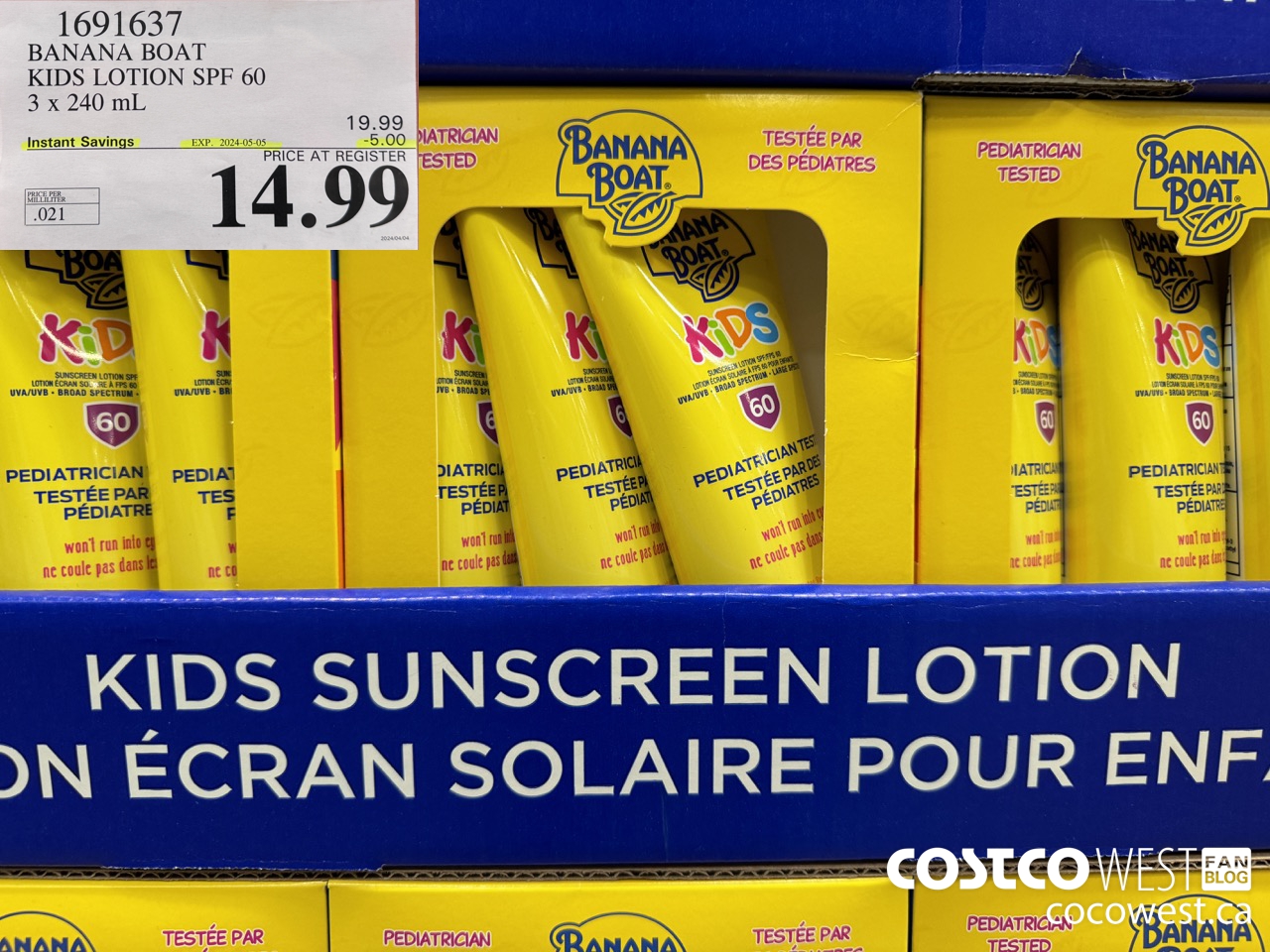 1691637 BANANA BOAT KIDS SUNSCREEN LOTION SPF60 3 x 240mL ($5.00 INSTANT SAVINGS EXPIRES ON 2024-05-05) $14.99