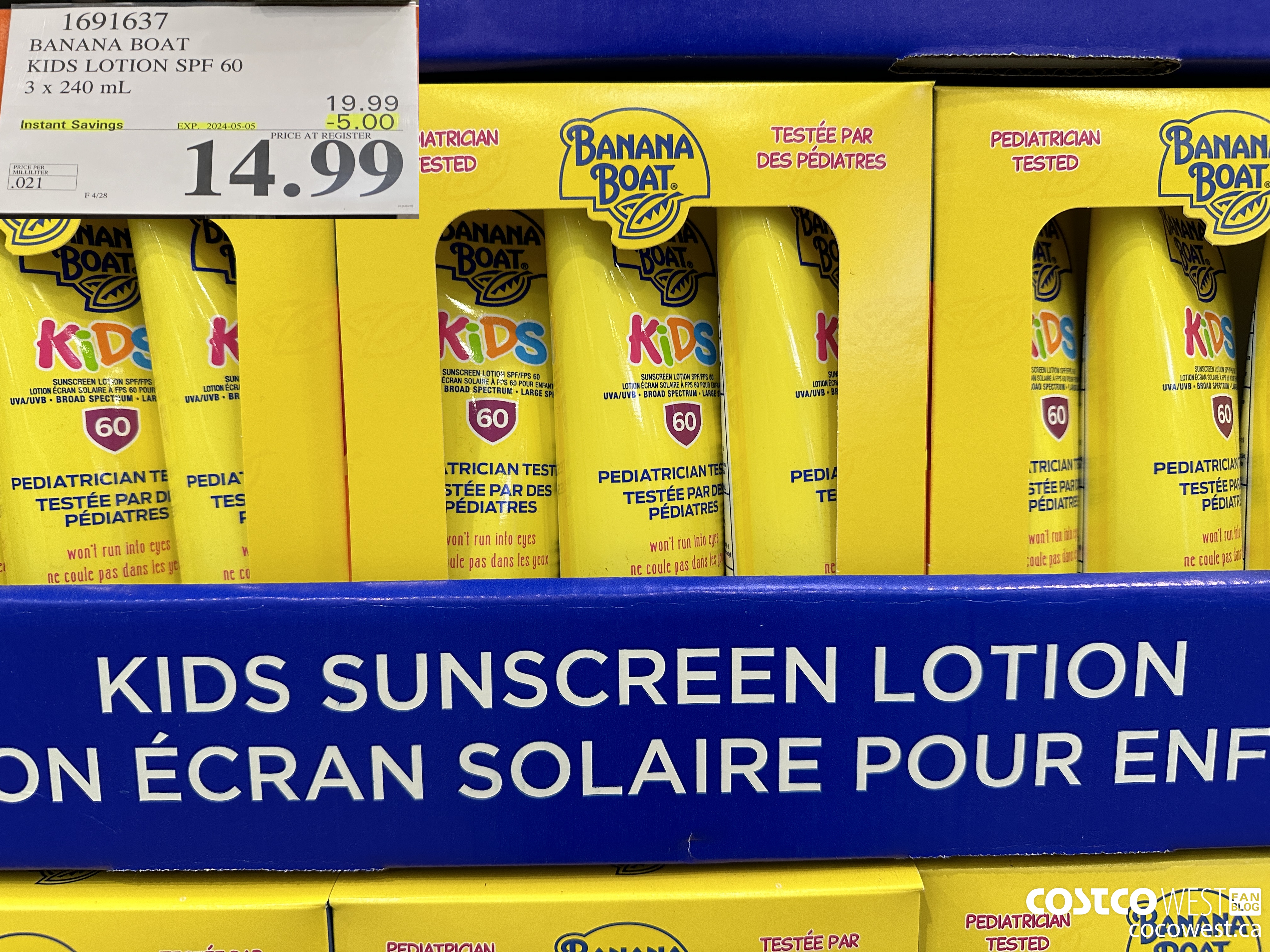 1691637 BANANA BOAT KIDS SUNSCREEN LOTION SPF60 3 x 240mL ($5.00 INSTANT SAVINGS EXPIRES ON 2024-05-05) $14.99