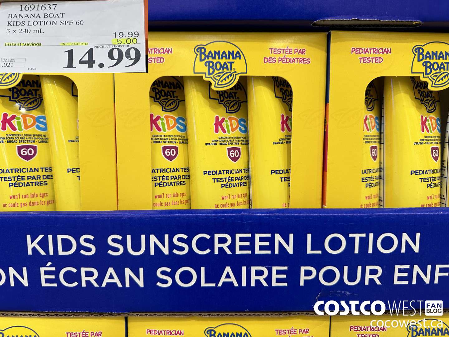 1691637 BANANA BOAT KIDS SUNSCREEN LOTION SPF60 3 x 240mL ($5.00 INSTANT SAVINGS EXPIRES ON 2024-05-12) $14.99