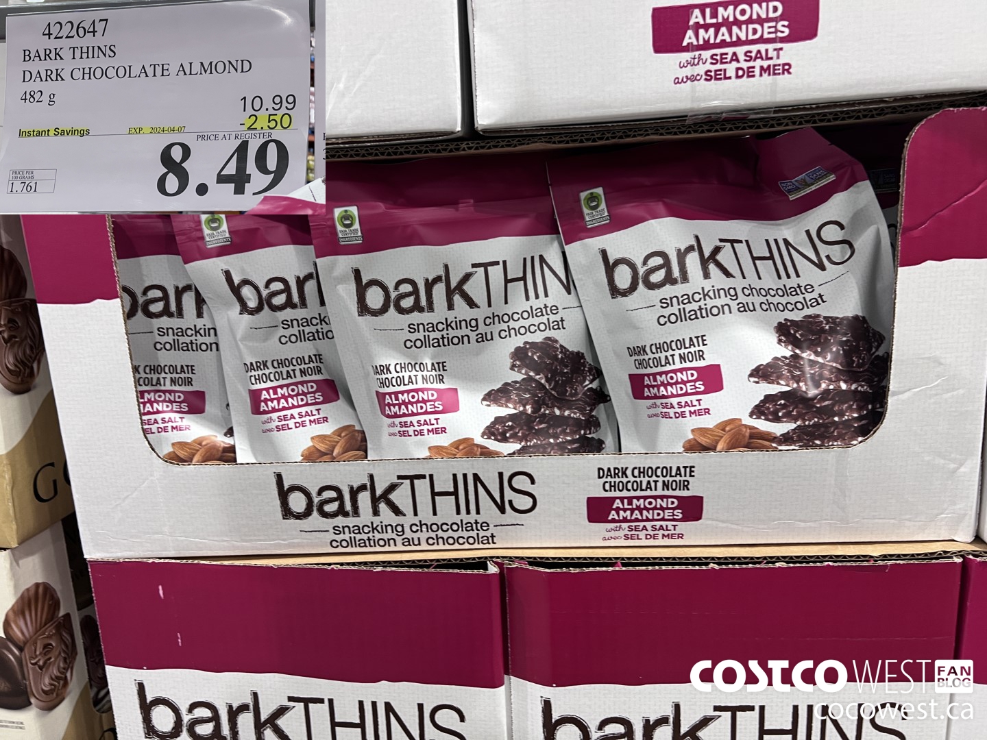 422647 BARK THINS DARK CHOCOLATE ALMOND 482 g ($2.50 INSTANT SAVINGS EXPIRES ON 2024-04-07) $8.49