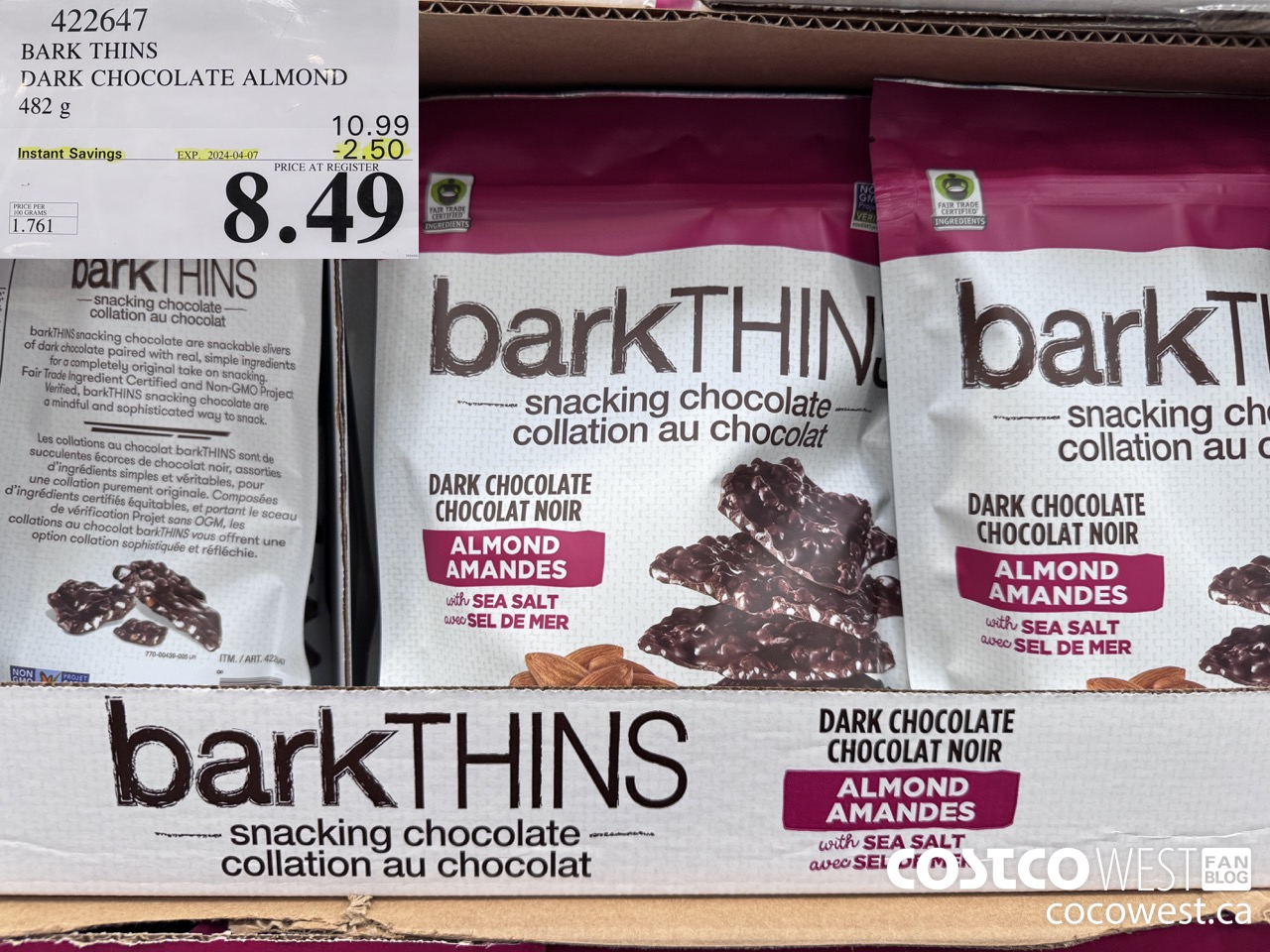 422647 BARK THINS DARK CHOCOLATE ALMOND 482 g ($2.50 INSTANT SAVINGS EXPIRES ON 2024-04-07) $8.49