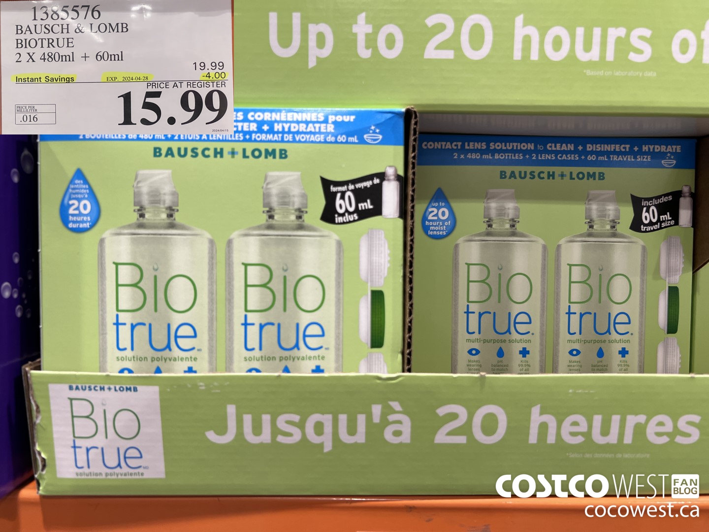 1385576 BAUSCH & LOMB BIOTRUE 2 X 480 ML + 60 ML ($4.00 INSTANT SAVINGS EXPIRES ON 2024-04-28) $15.99