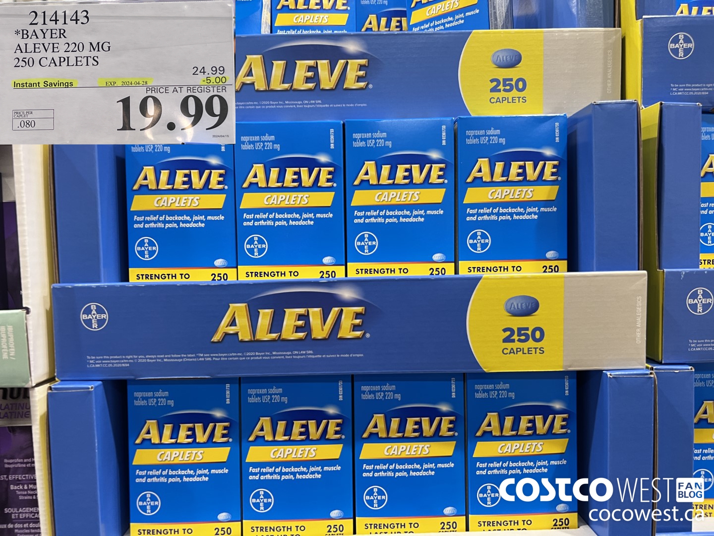 214143 BAYER ALEVE 220 MG 250 CAPLETS ($5.00 INSTANT SAVINGS EXPIRES ON 2024-04-28) $19.99