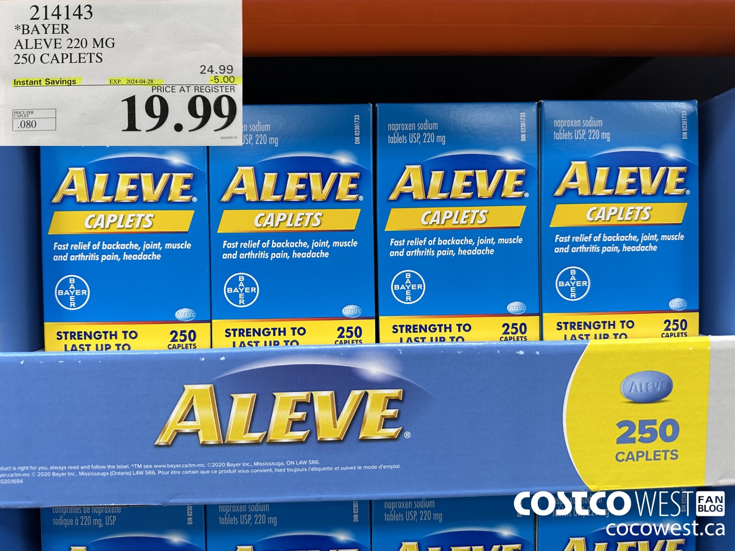 214143 BAYER ALEVE 220 MG 250 CAPLETS ($5.00 INSTANT SAVINGS EXPIRES ON 2024-04-28) $19.99