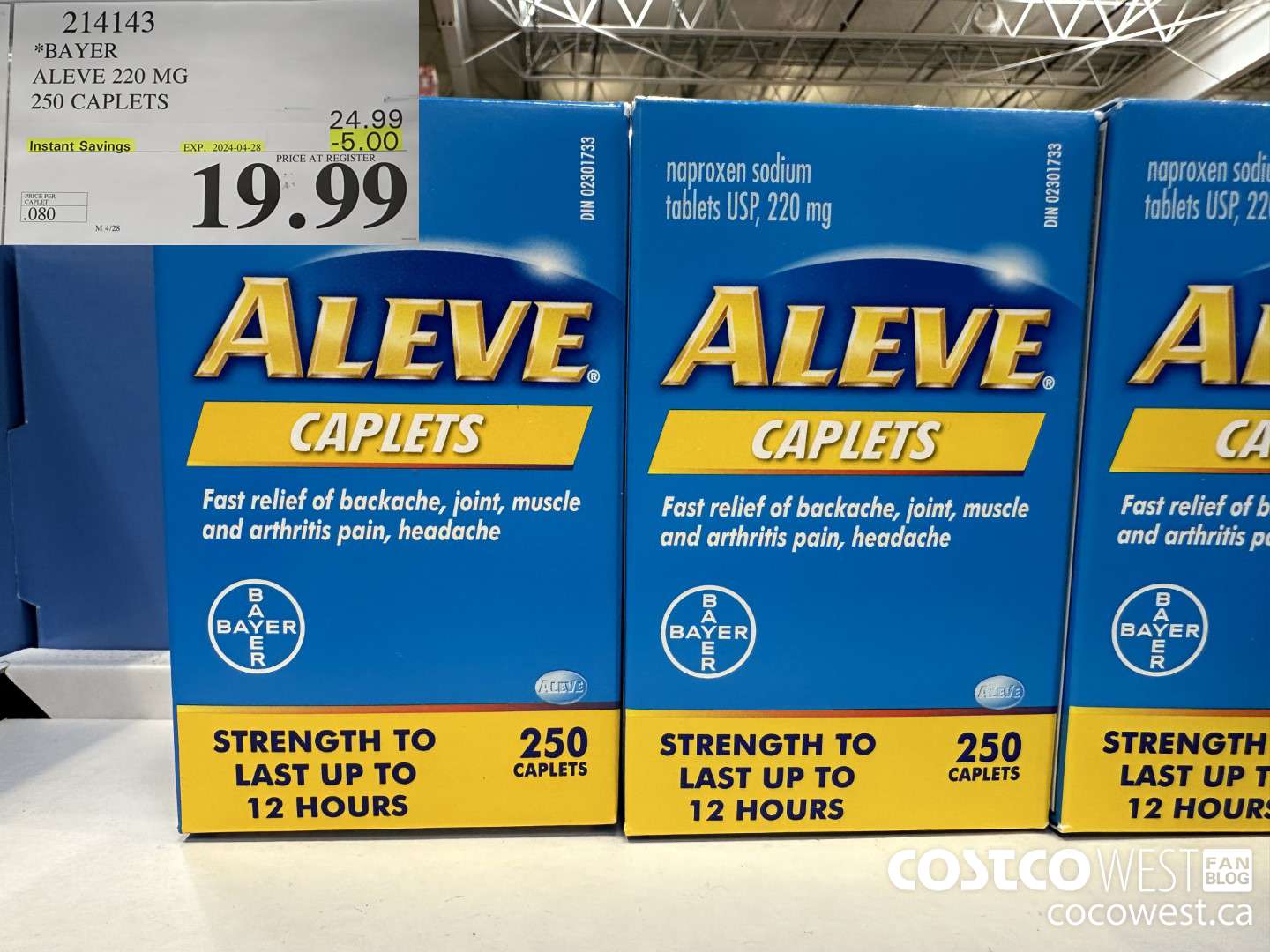 214143 BAYER ALEVE 220 MG 250 CAPLETS ($5.00 INSTANT SAVINGS EXPIRES ON 2024-04-28) $19.99