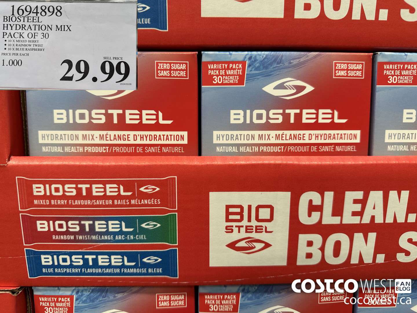 1694898 BIOSTEEL HYDRATION MIX PACK OF 30 $29.99