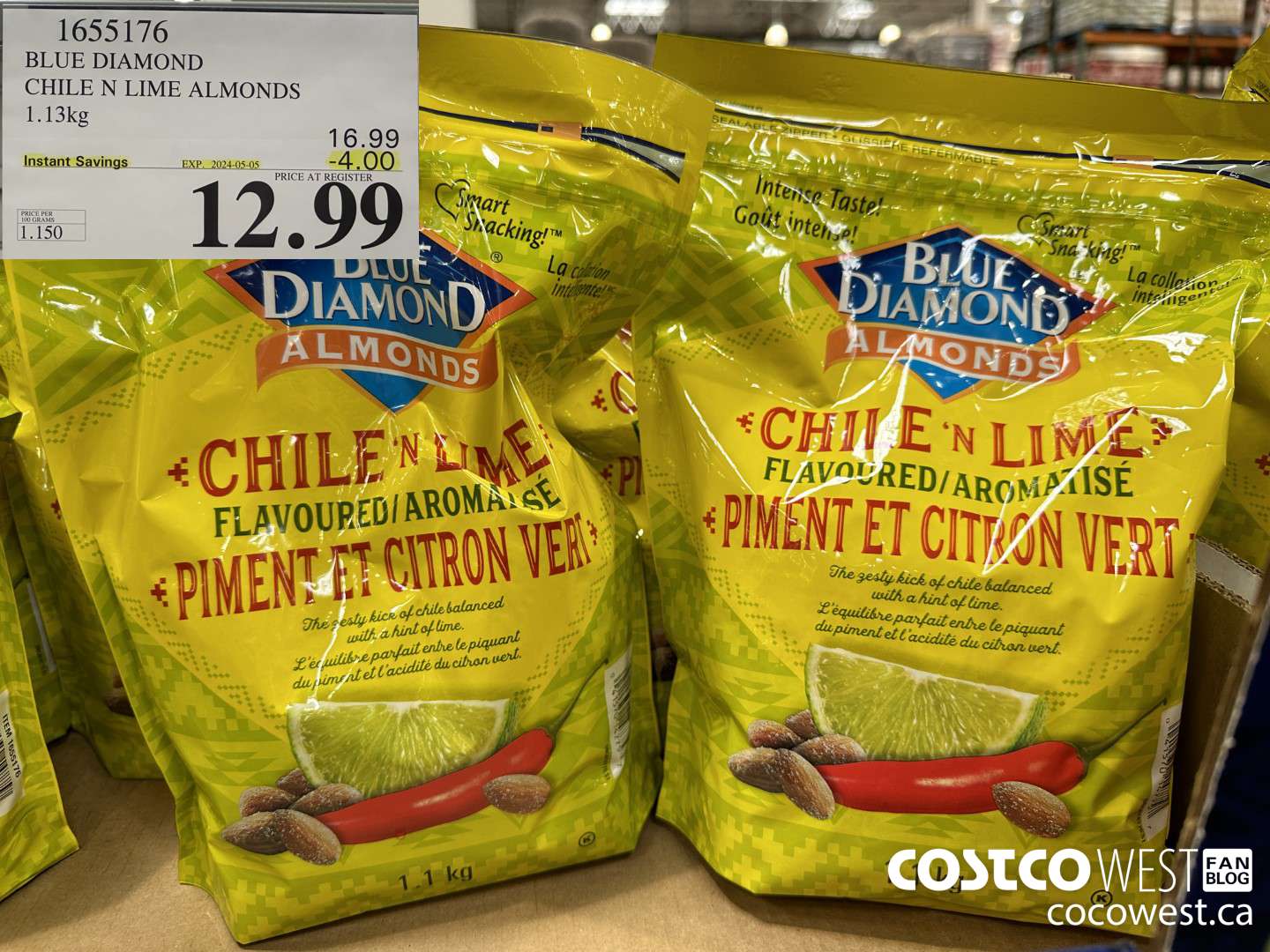 1655176 BLUE DIAMOND CHILE N LIME ALMONDS 1.13KG ($4.00 INSTANT SAVINGS EXPIRES ON 2024-05-05) $12.99