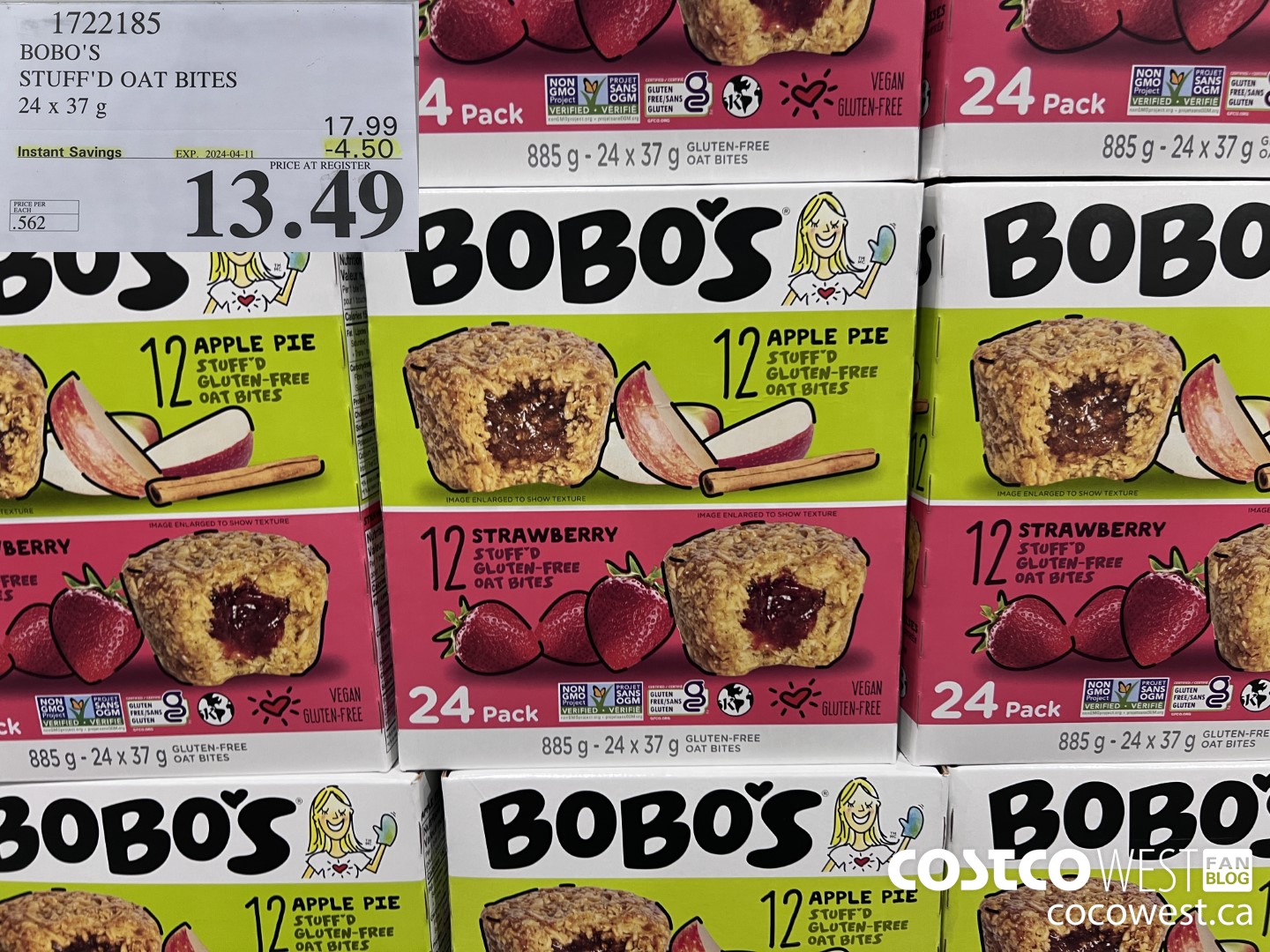 1722185 BOBO'S STUFFED OAT BITES 24 X 37 G ($4.50 INSTANT SAVINGS EXPIRES ON 2024-04-11) $13.49