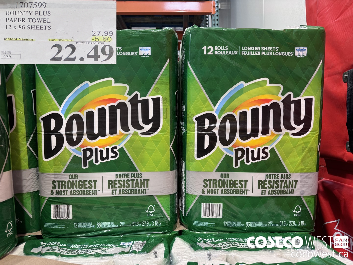 1707599 BOUNTY PLUS PAPER TOWEL 12 X 86 SHEETS ($5.50 INSTANT SAVINGS EXPIRES ON 2024-05-05) $22.49