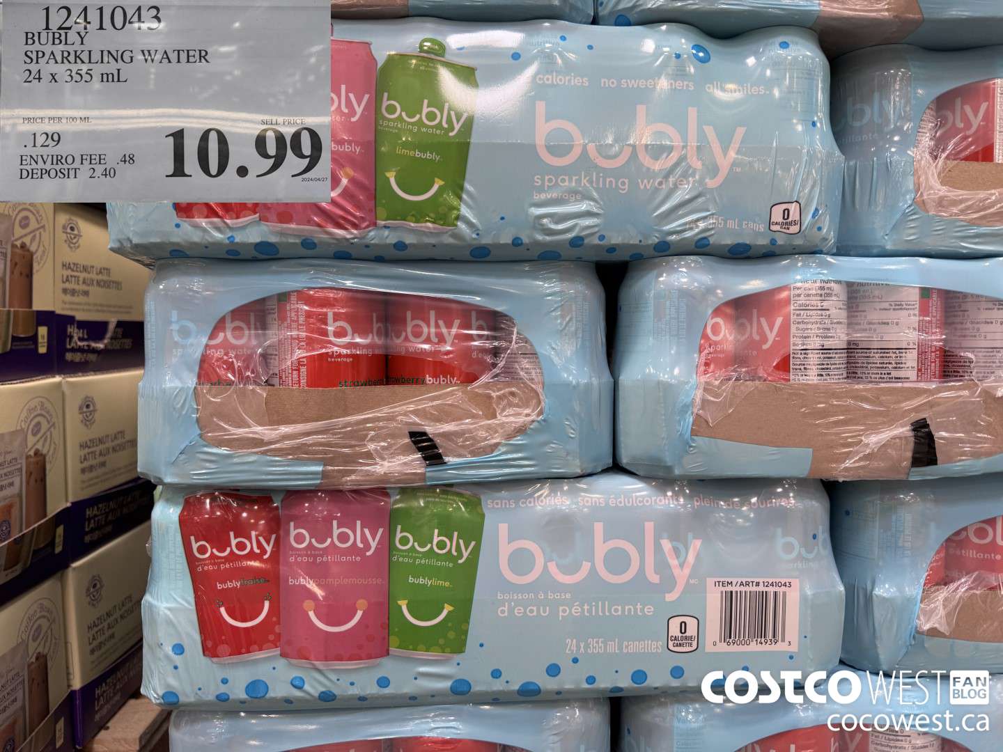 1241043 BUBLY SPARKLING WATER 24 x 355 mL $10.99