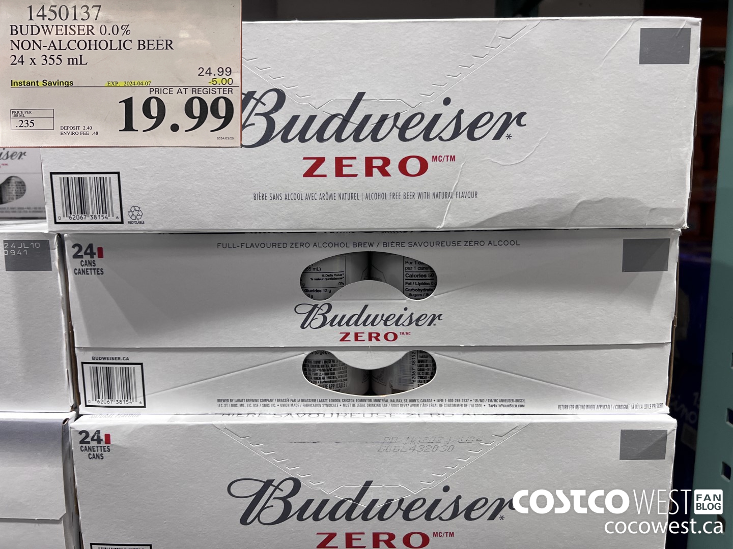 1450137 BUDWEISER 0.0% 24 x 355 mL ($5.00 INSTANT SAVINGS EXPIRES ON 2024-04-07) $19.99