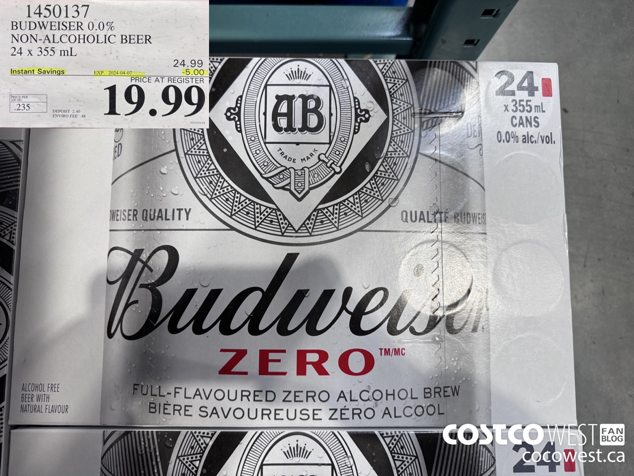 1450137 BUDWEISER 0.0% 24 x 355 mL ($5.00 INSTANT SAVINGS EXPIRES ON 2024-04-07) $19.99