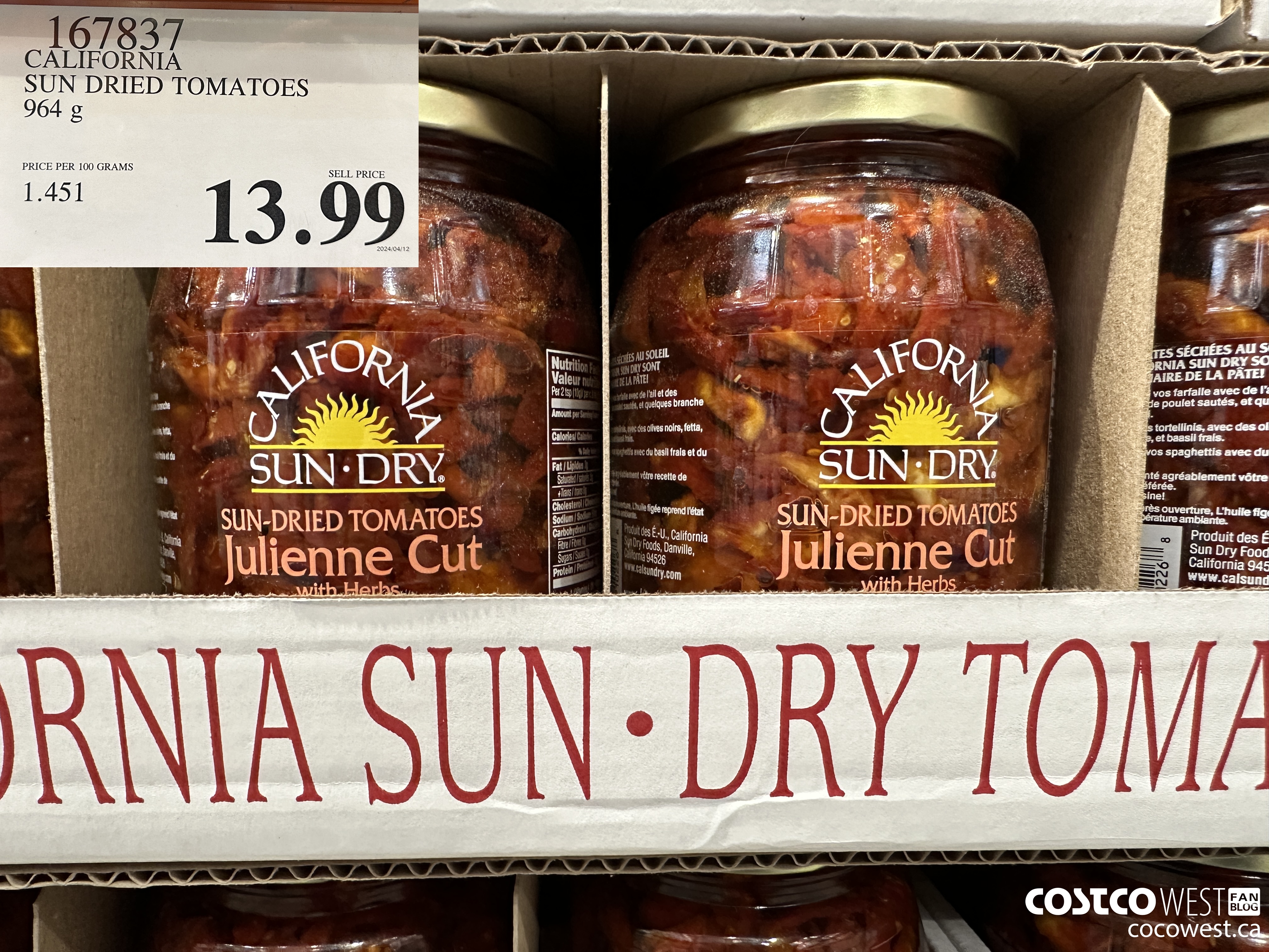 167837 CALIFORNIA SUN DRIED TOMATOES 964 g $13.99