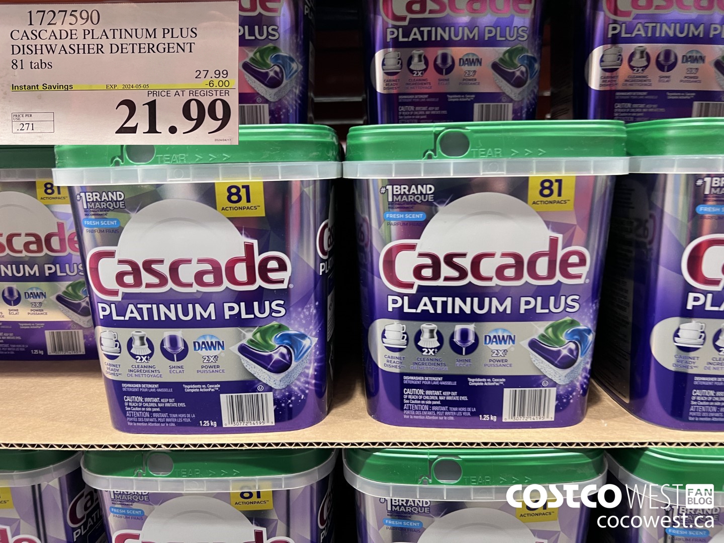 1727590 CASCADE PLATINUM PLUS DISHWASHER DETERGENT 81 TABS ($6.00 INSTANT SAVINGS EXPIRES ON 2024-05-05) $21.99