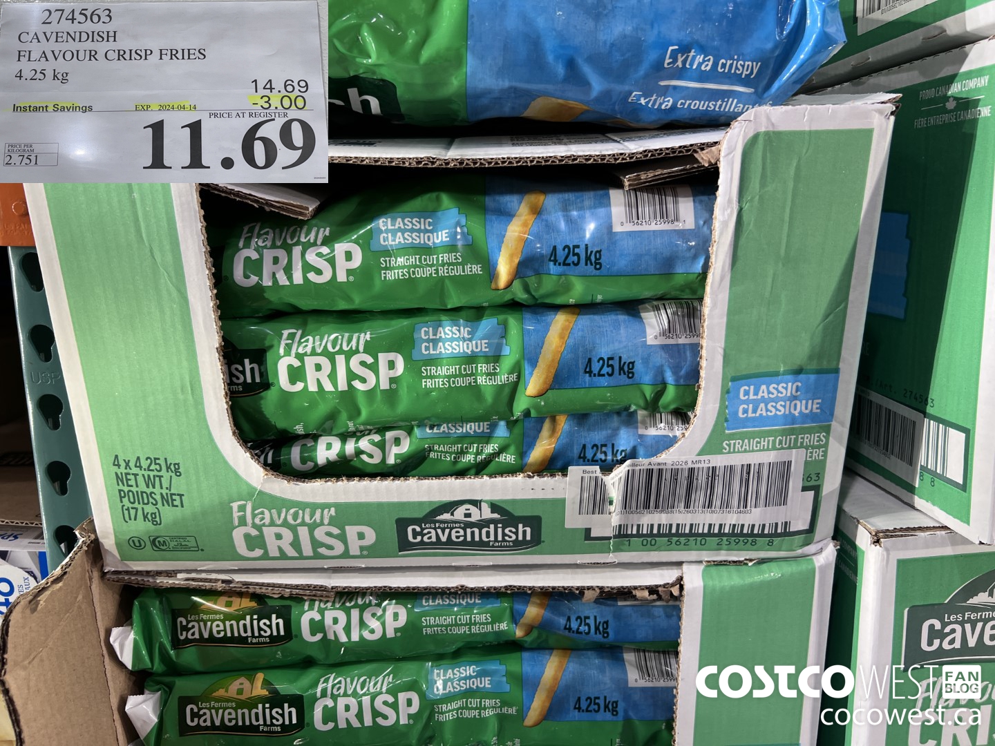 274563 CAVENDISH FLAVOUR CRISP FRIES 4.25 KG ($3.00 INSTANT SAVINGS EXPIRES ON 2024-04-14) $11.69