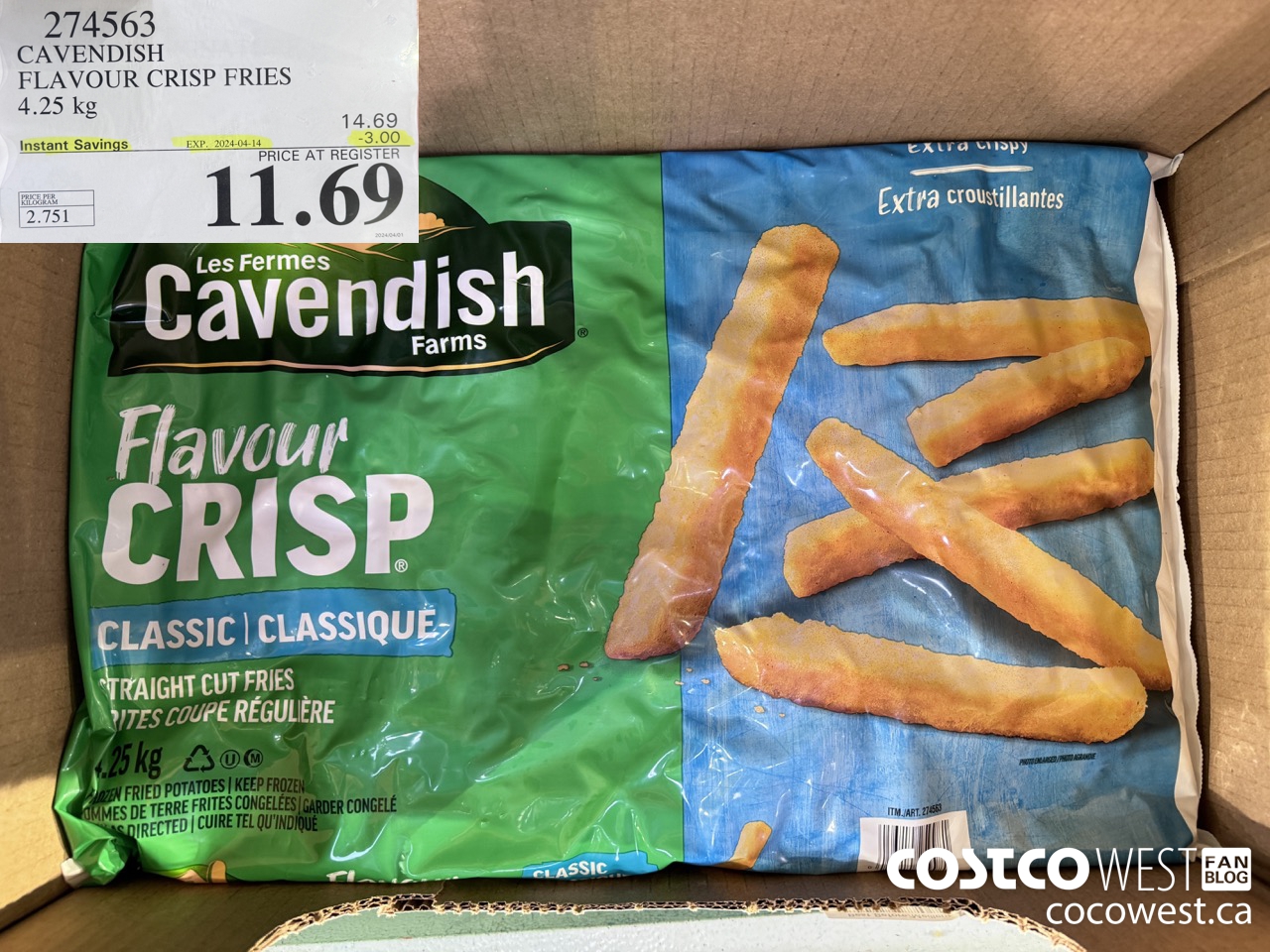 274563 CAVENDISH FLAVOUR CRISP FRIES 4.25 KG ($3.00 INSTANT SAVINGS EXPIRES ON 2024-04-14) $11.69