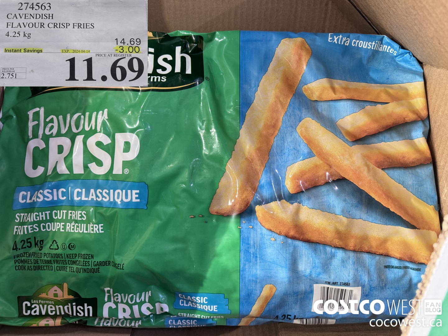 274563 CAVENDISH FLAVOUR CRISP FRIES 4.25 KG ($3.00 INSTANT SAVINGS EXPIRES ON 2024-04-14) $11.69