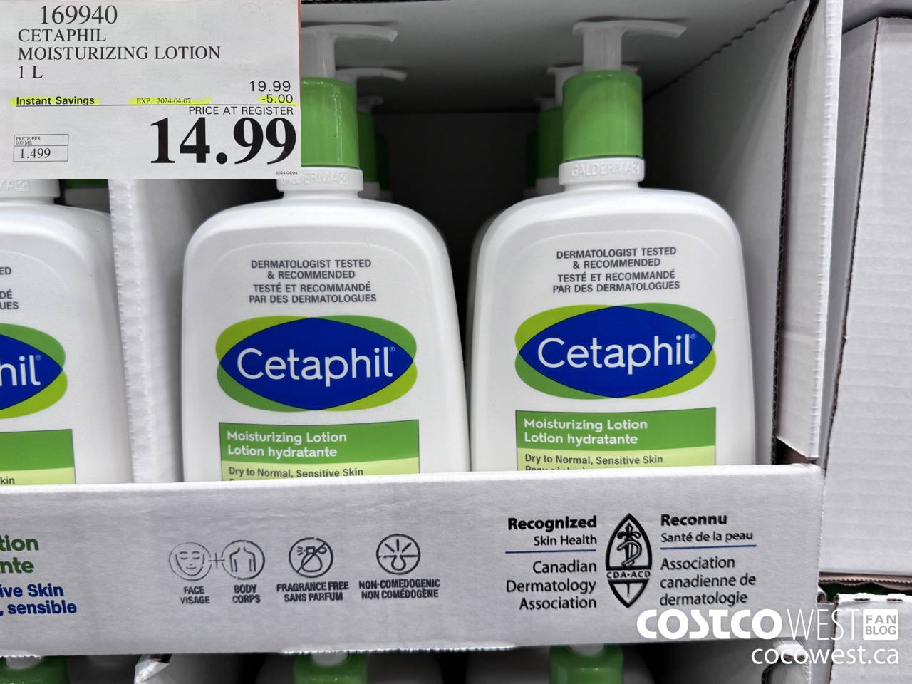 169940 CETAPHIL MOISTURIZING LOTION 1L ($5.00 INSTANT SAVINGS EXPIRES ON 2024-04-07) $14.99