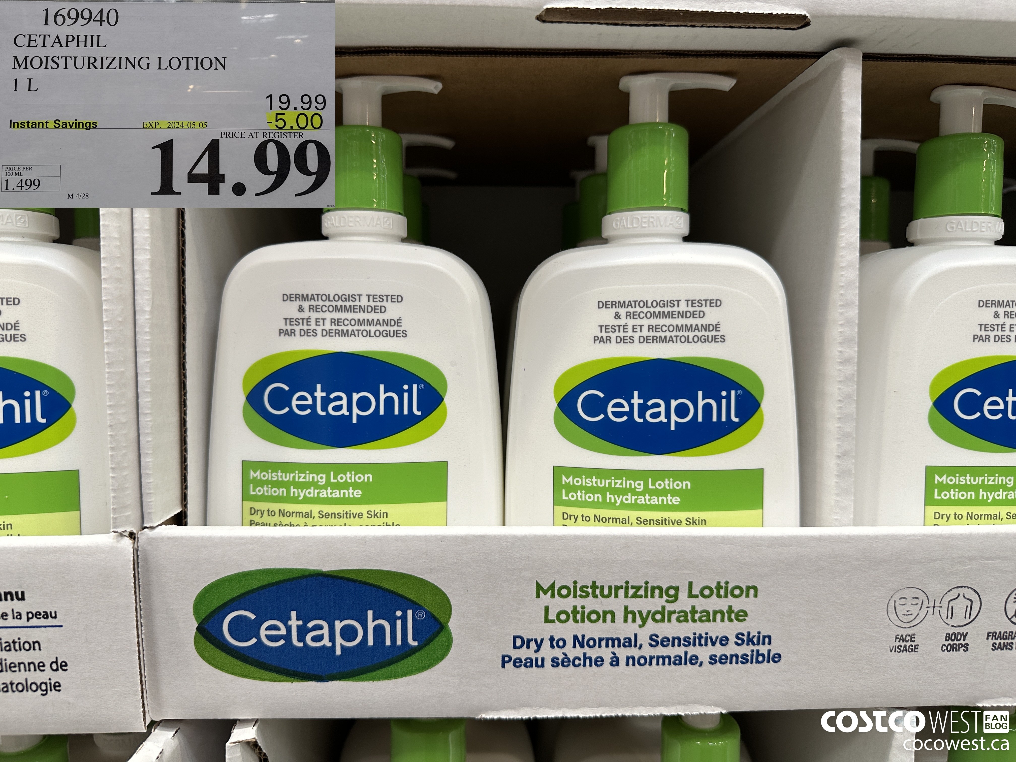 169940 CETAPHIL MOISTURIZING LOTION 1L ($5.00 INSTANT SAVINGS EXPIRES ON 2024-05-05) $14.99