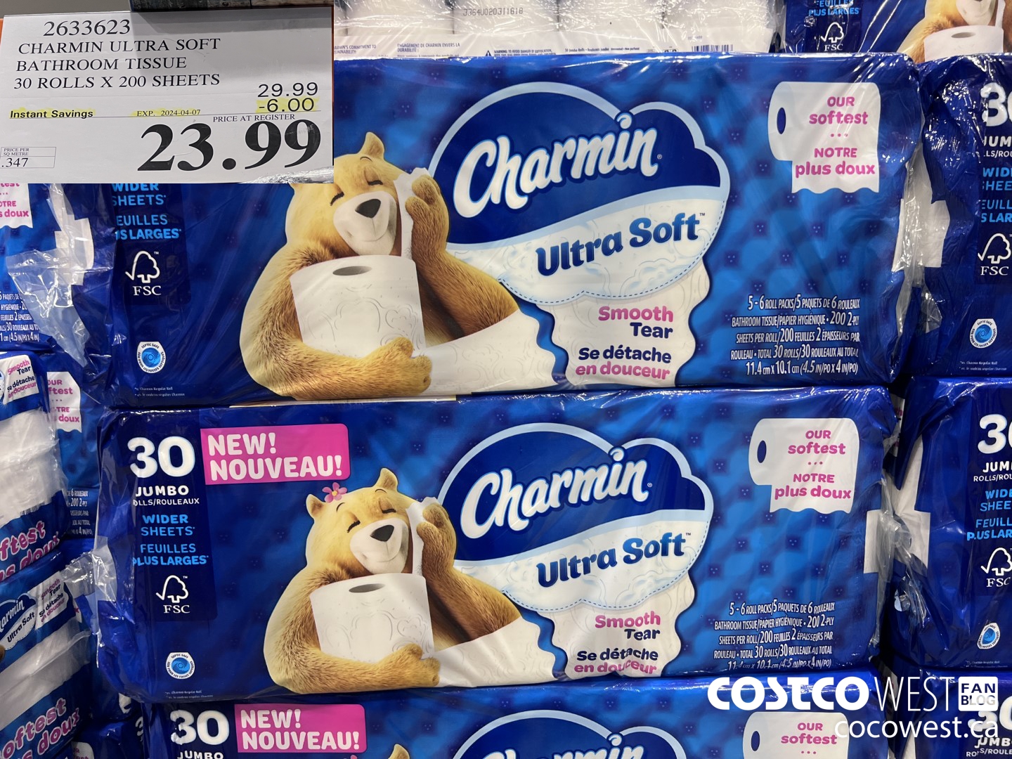 2633623 CHARMIN ULTRA SOFT BATHROOM TISSUE 30 ROLLS X 200 SHEETS ($6.00 INSTANT SAVINGS EXPIRES ON 2024-04-07) $23.99