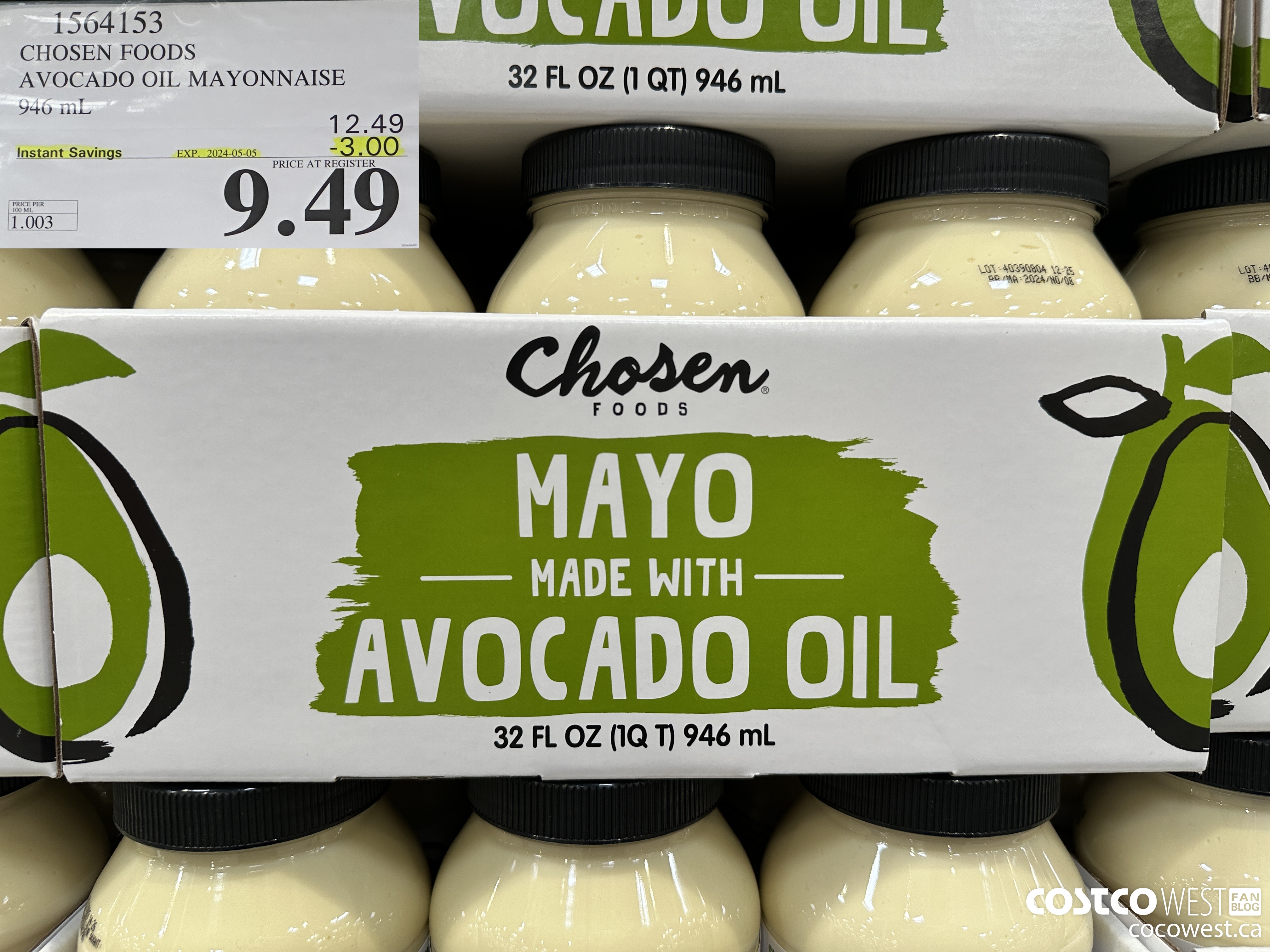 1564153 CHOSEN FOODS AVOCADO OIL MAYONNAISE 946 mL ($3.00 INSTANT SAVINGS EXPIRES ON 2024-05-05) $9.49