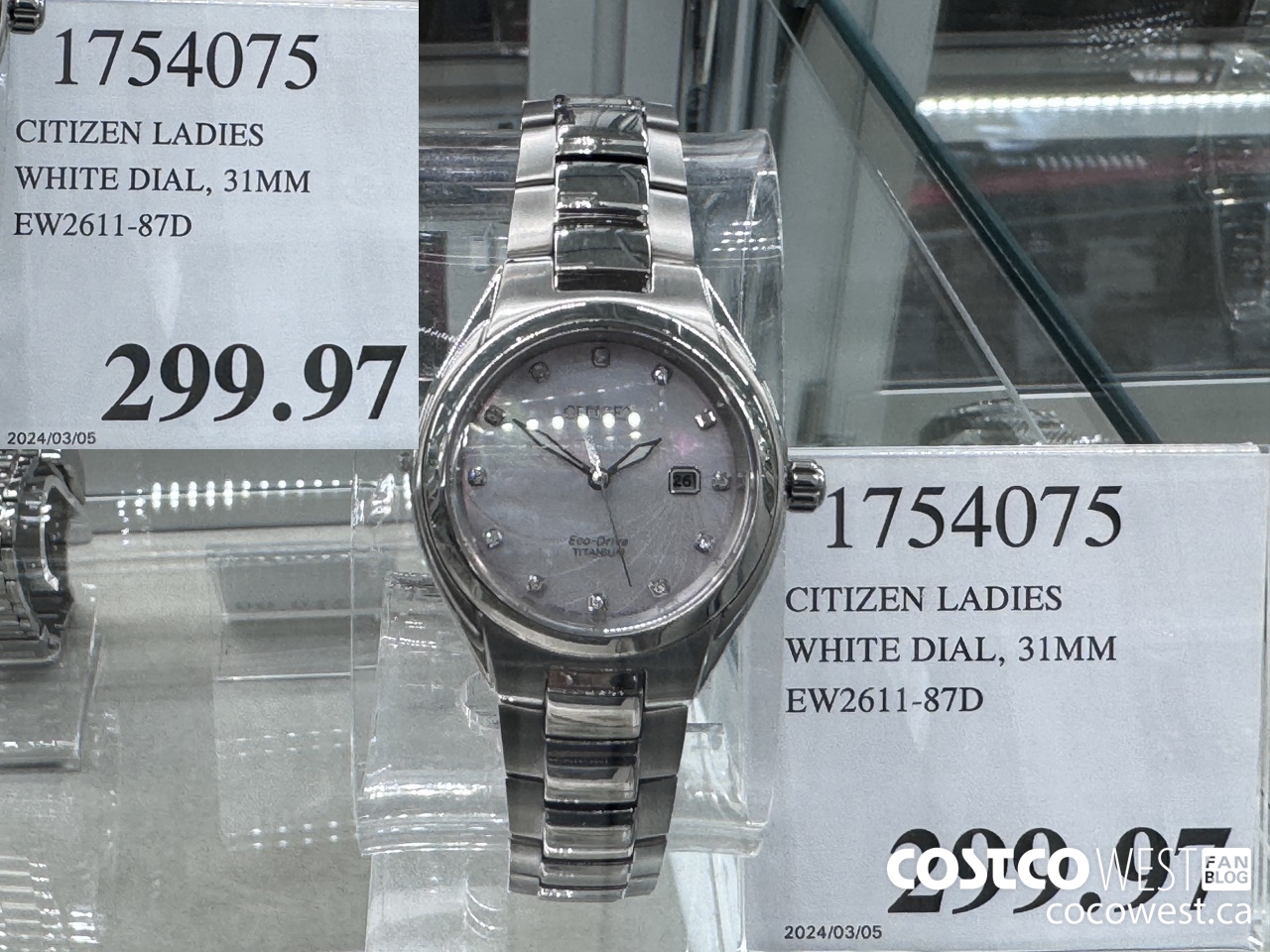 1754075 CITIZEN LADIES WHITE DIAL 31MM EW2611-87D $299.97