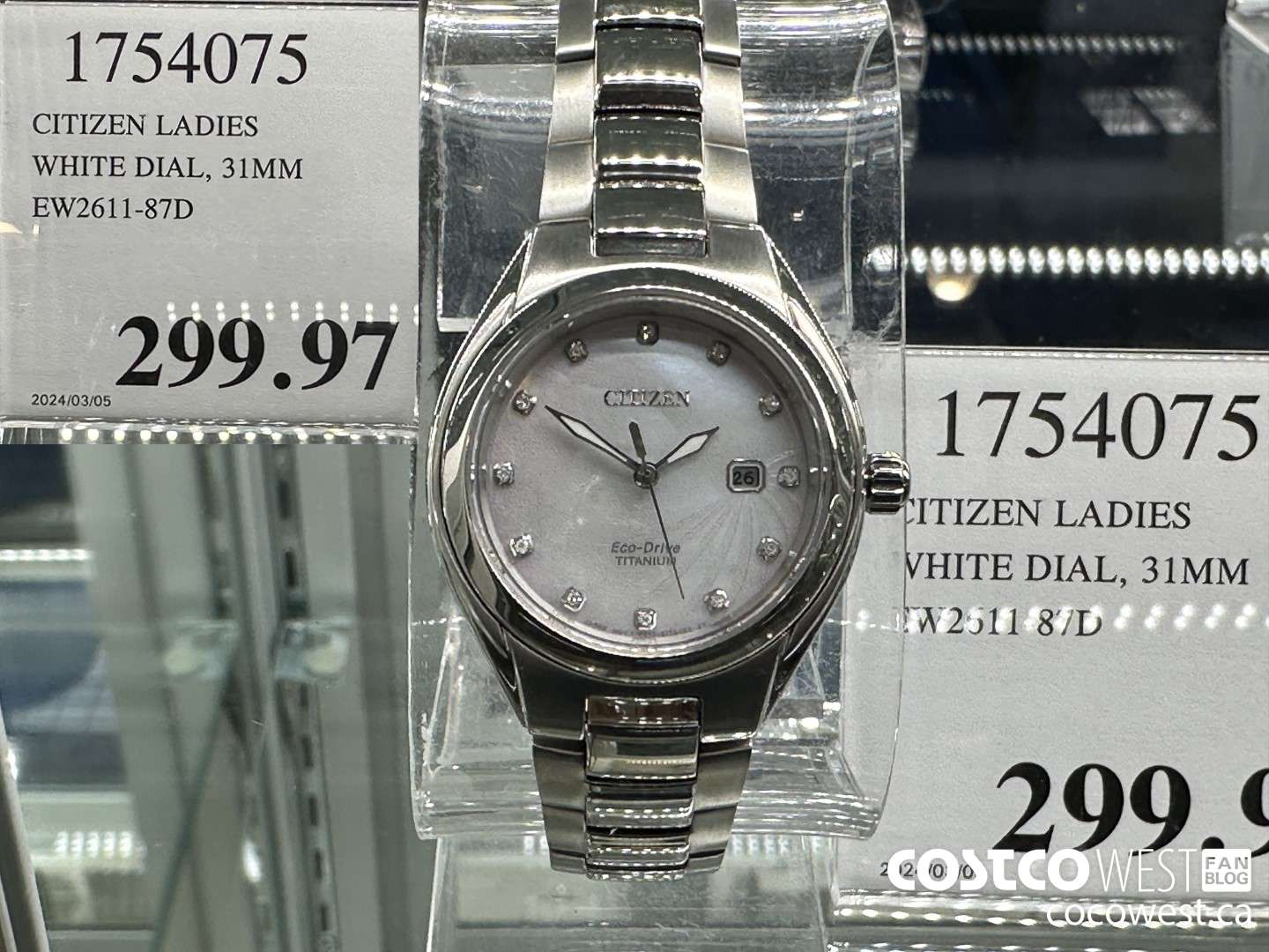 1754075 CITIZEN LADIES WHITE DIAL 31MM EW2611-87D $299.97