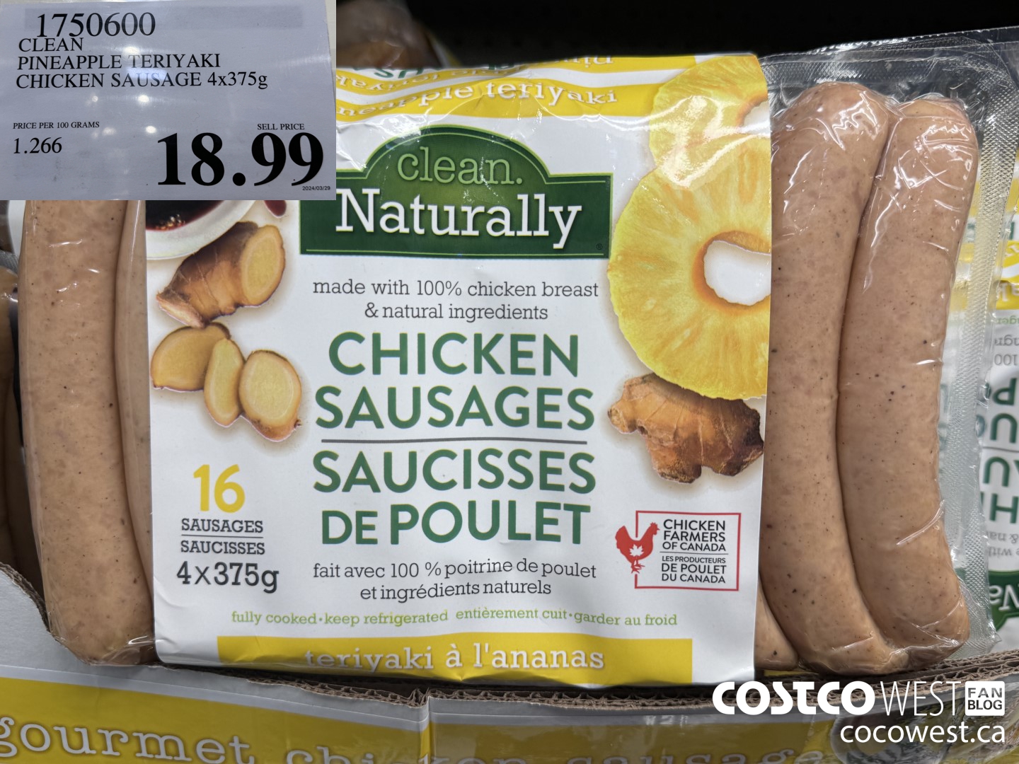 1750600 CLEAN PINEAPPLE TERIYAKI CHICKEN SAUSAGE 4x375g $18.99