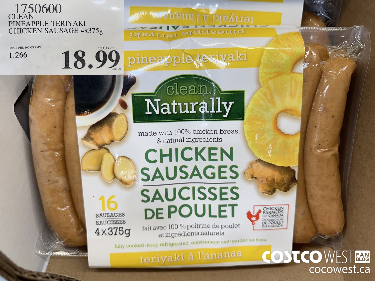 1750600 CLEAN PINEAPPLE TERIYAKI CHICKEN SAUSAGE 4x375g $18.99