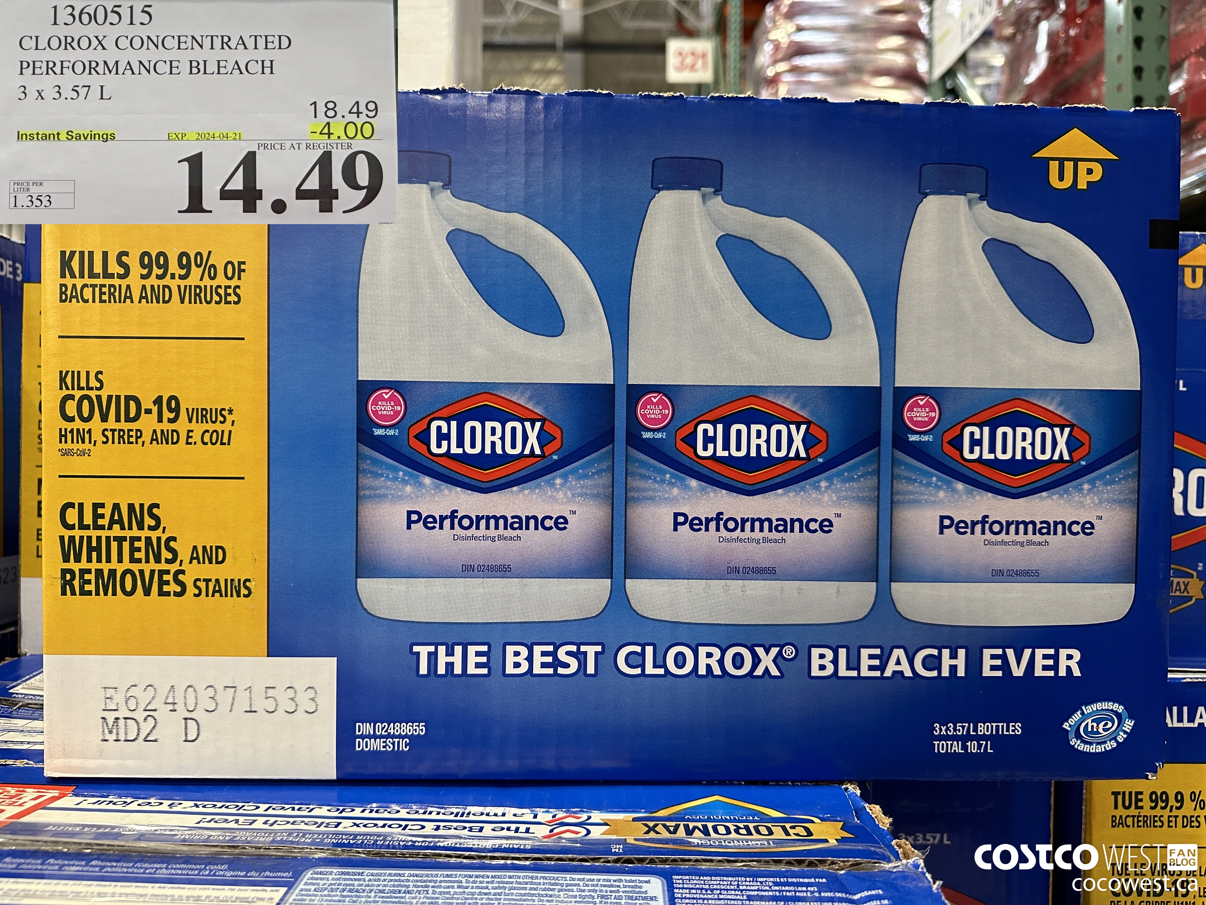 1360515 CLOROX CONCENTRATED PERFORMANCE BLEACH 3 x 3.57 L ($4.00 INSTANT SAVINGS EXPIRES ON 2024-04-21) $14.49