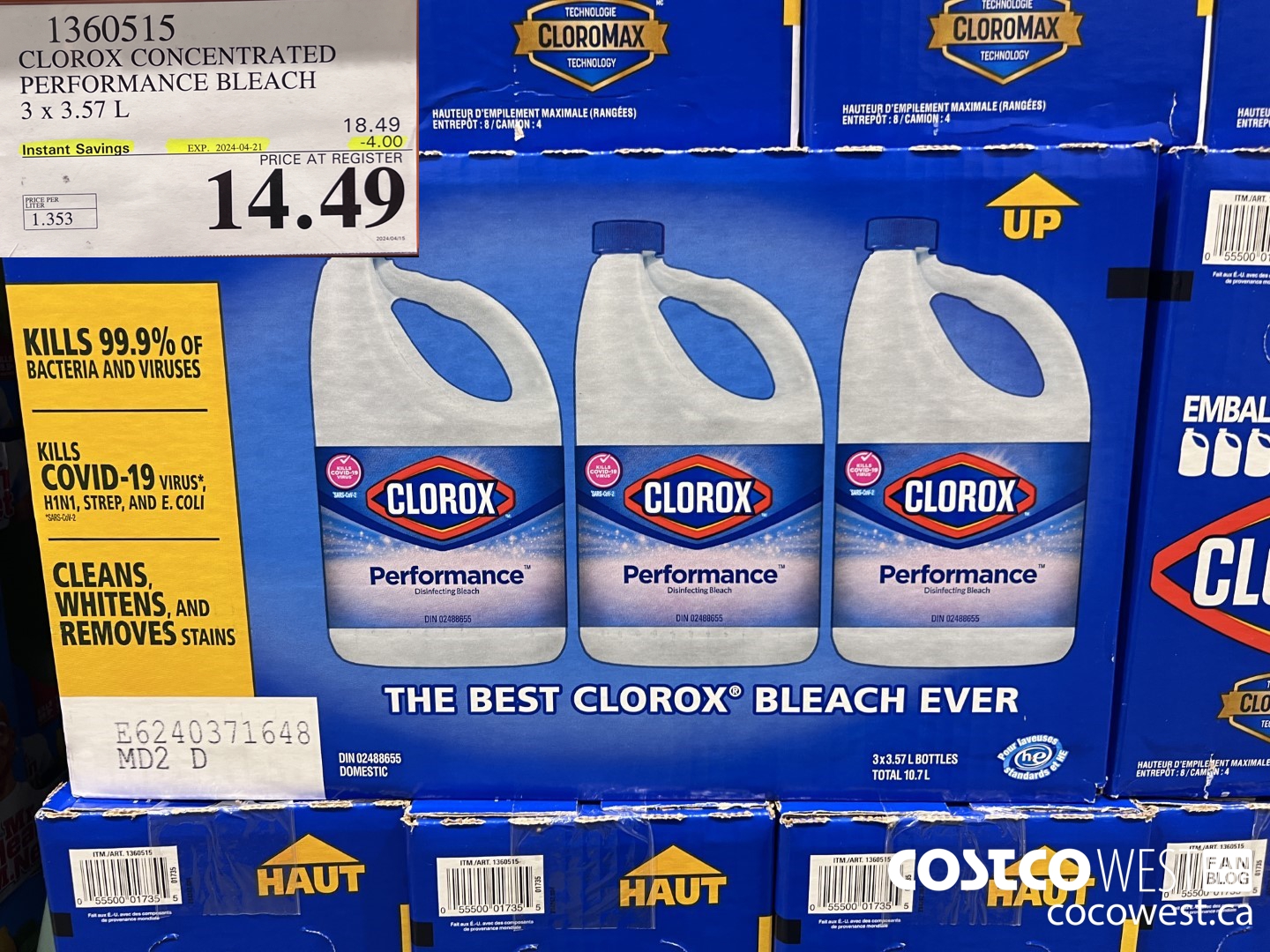 1360515 CLOROX CONCENTRATED PERFORMANCE BLEACH 3 x 3.57 L ($4.00 INSTANT SAVINGS EXPIRES ON 2024-04-21) $14.49
