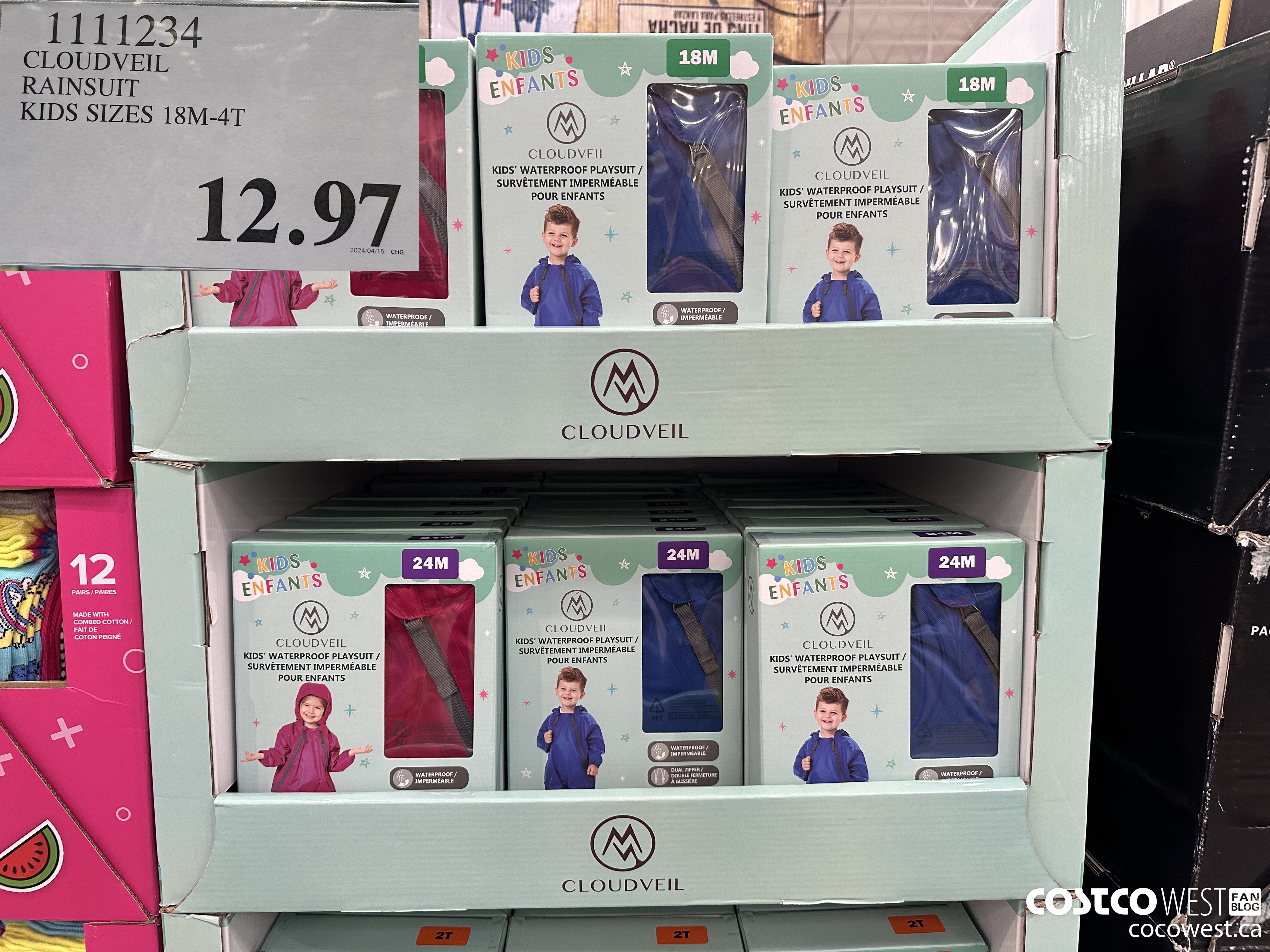 1111234 CLOUDVEIL RAINSUIT KIDS SIZES 18M-4T $12.97