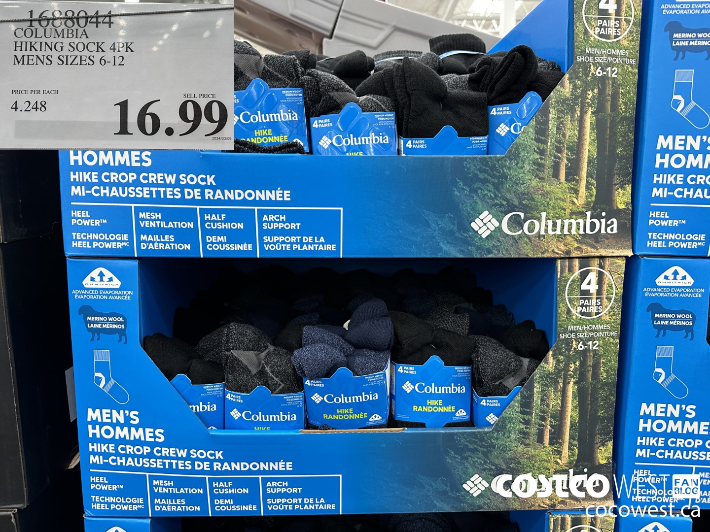 1688044 COLUMBIA HIKING SOCK 4PK MENS SIZES 6-12 $16.99