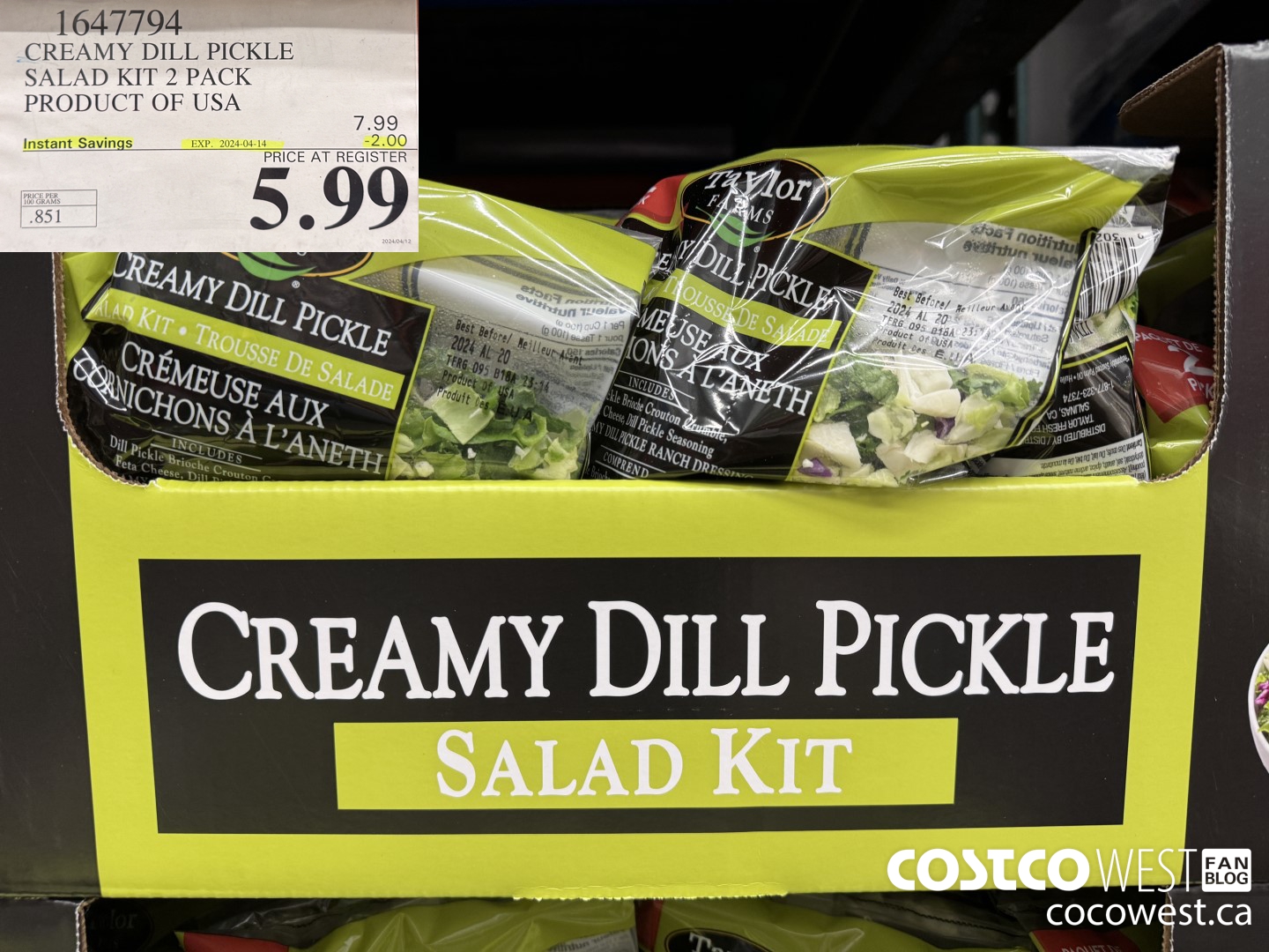 1647794 CREAMY DILL PICKLE SALAD KIT 2 PACK PRODUCT OF USA ($2.00 INSTANT SAVINGS EXPIRES ON 2024-04-14) $5.99
