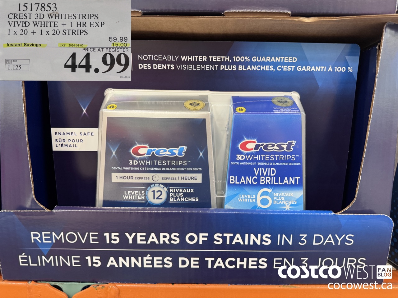 1517853 CREST 3D WHITESTRIPS VIVID WHITE + 1 HR EXP 1 x 20 + 1 x 20 STRIPS ($15.00 INSTANT SAVINGS EXPIRES ON 2024-04-07) $44.99