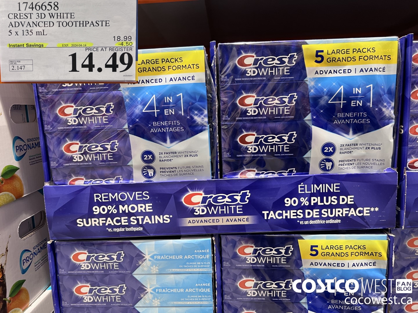 1746658 CREST 3D WHITE ADVANCED TOOTHPASTE 5 X 135ML ($4.50 INSTANT SAVINGS EXPIRES ON 2024-04-14) $14.49